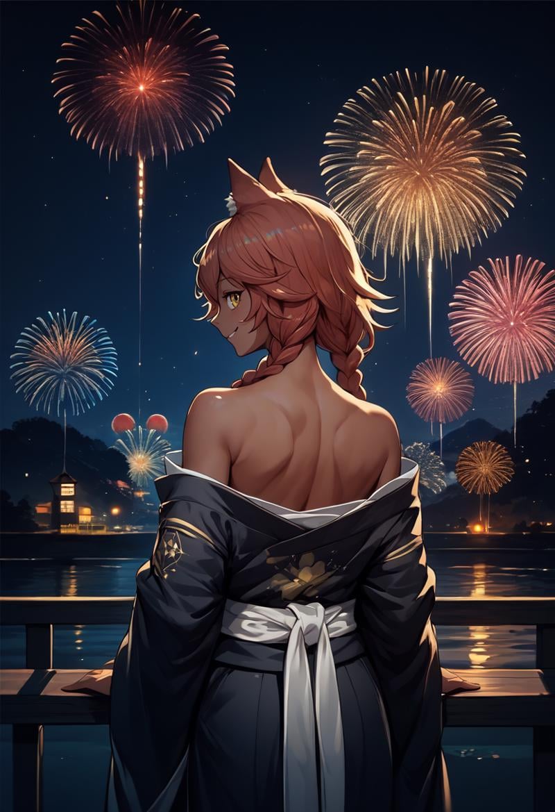 score_9, score_8_up, score_7_up, source_anime, from behind, solo, 1girl, lupusregina beta, dark skin, dark-skinned female, smile, looking back, twin braids, animal ears, japanese clothes, black kimono, off shoulder, white sash, bare shoulders, fireworks <lora:ol_lupusreginabeta_ponyXL-CAME:1>