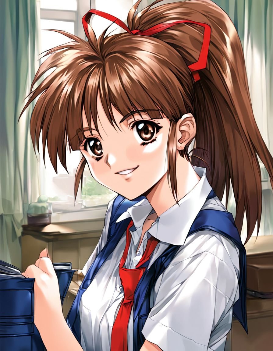 score_9, score_8_up, score_7_up, score_6_up, score_5_up, score_4_up, source_anime, rating_explicit, BREAK <lora:Tanaka_Misa_XL:1> TanakaMisa, 1girl, solo,  ponytail, brown hair, brown eyes, long hair, hair ribbon, room, necktie,  smile, looking at viewer, shirt, ribbon,1990s \(style\),  