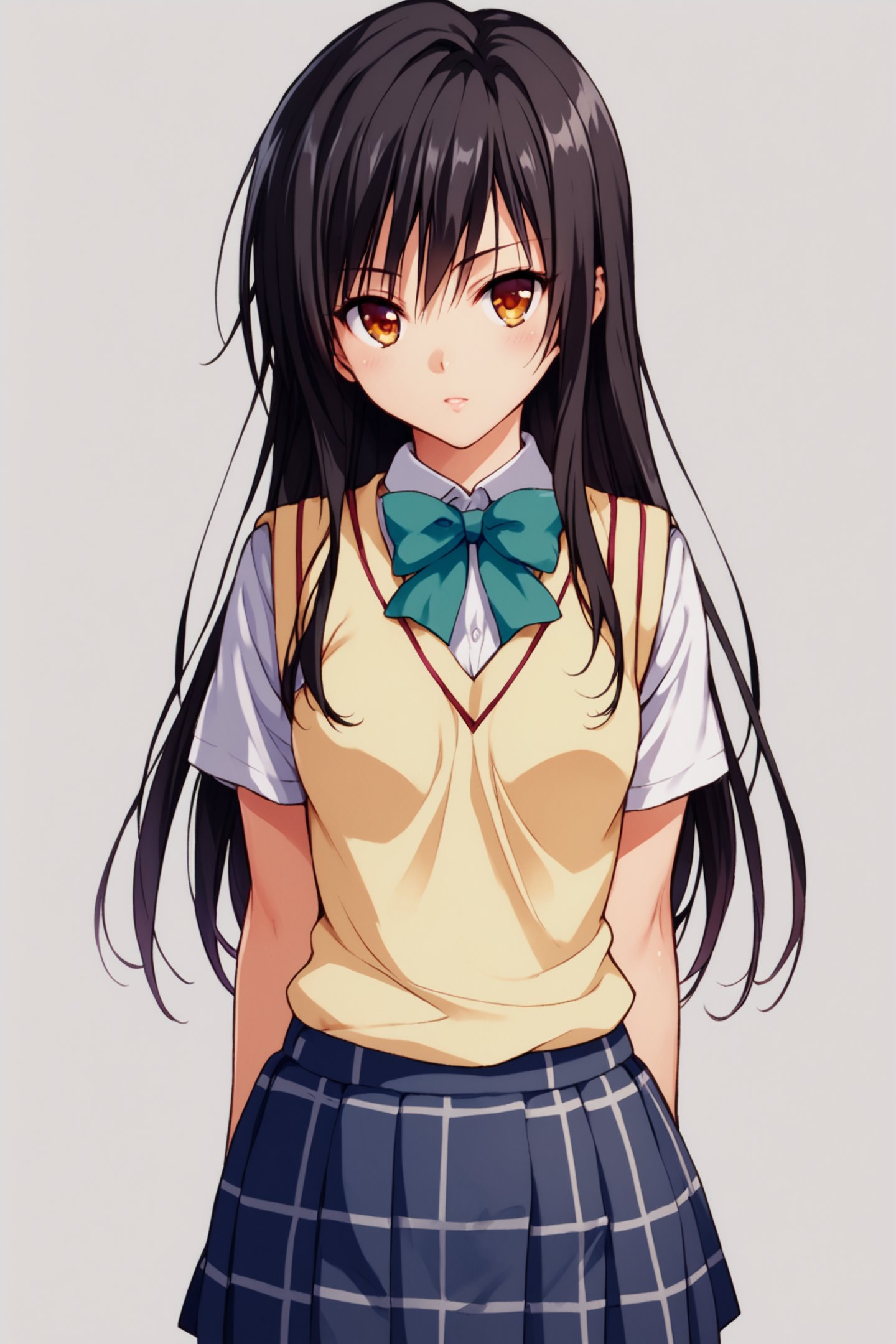 1girl,kotegawa yui,solo,long hair,school uniform,black hair,standing,simple background,white background,looking at viewer,score_9,score_8_up,<lora:Yabuki Kentarou_XL_PONY_V2:0.8>,