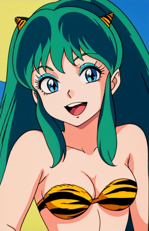 best quality, (masterpiece),(ultra-detailed), (high quality), (high resolution), <lora:Lum:0.7>,lum, 1girl, solo, long hair, breasts, looking at viewer, smile, open mouth, blue eyes, cleavage, medium breasts, swimsuit, upper body, bikini, green hair, horns, strapless, makeup, moon, animal print, eyeshadow, oni horns, oni, retro artstyle, tiger print, 1980s (style), strapless bikini, anime coloring