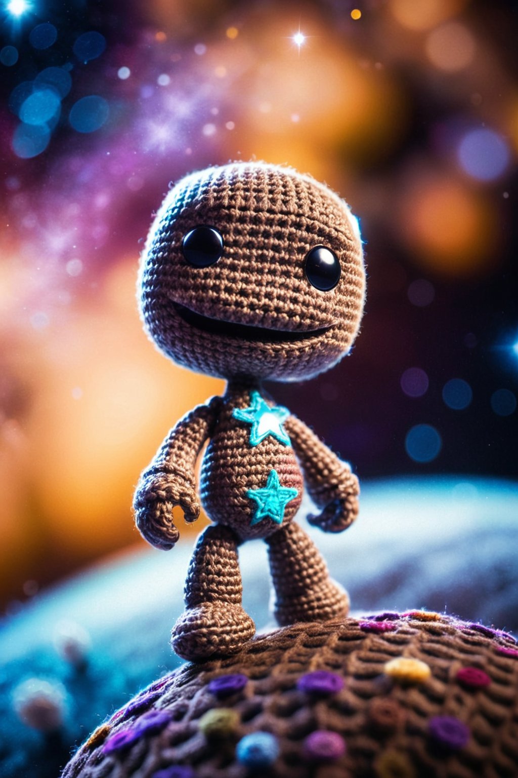 ((Sackboy)), little Sony Playstation Sackboy standing on a Little Big Planet in a starry sky, vibrant and whimsical, (crocheted style), soft natural light, high resolution, RAW photo, dreamy soft focus, detailed photo, gorgeous, shallow depth of field, bokeh, hyper detailed photorealistic life-like accurate proportional 8k sharp focus, (selective focus:0.6)