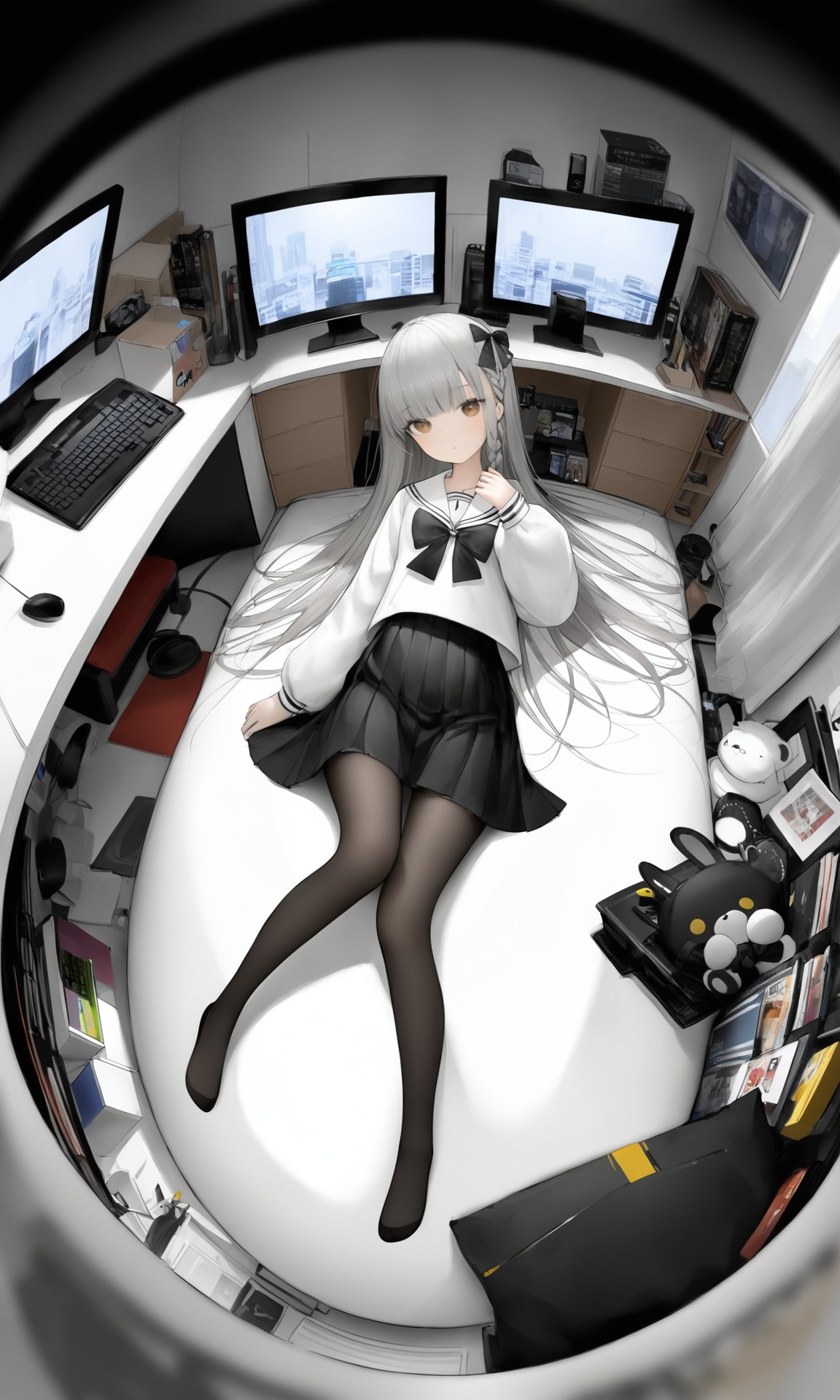 chowbie_jue,bangs,black_bow,black_pantyhose,black_skirt,blurry,blurry_background,bow,braid,brown_eyes,grey_hair,hair_between_eyes,hair_bow,hand_up,highres,legs,long_hair,long_sleeves,looking_at_viewer,original,black background,pantyhose,pleated_skirt,puffy_long_sleeves,puffy_sleeves,sailor_collar,shirt,skirt,solo,standing,white_sailor_collar,white_shirt,solo,messy room,loaded interior,bedroom,(((otaku room))),(computer)wide shot,(lying on back:1.3),Herb Ritts,cowboy shot,fisheye,