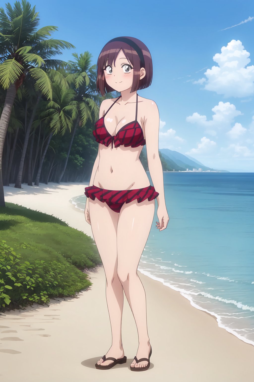 Ayami Sasaki, 4k, absurd, high resolution, ultra high resolution, high definition, masterpiece, illustration, 2d, anime style, 1 girl, alone, short hair, brown hair, brown eyes, hair band, smile, blush, beach, bikini, looking at viewer, full body, hands behind back<lora:EMS-466062-EMS:0.800000>