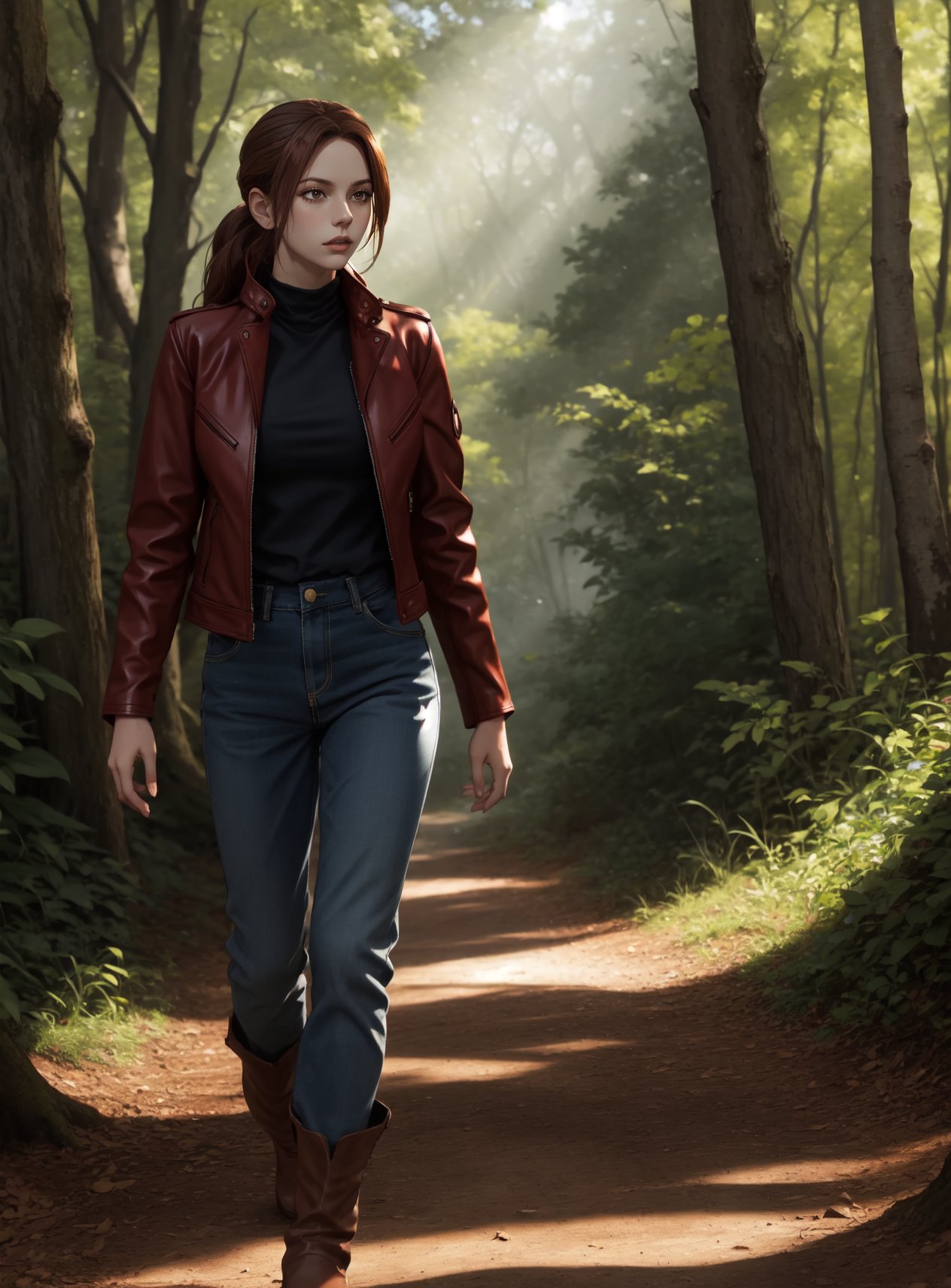 character: Claire_Redfield, brown_hair, red_leather_jacket, BREAK, setting: dense_forest, dappled_sunlight, nature's_embrace, BREAK, action: exploring_with_caution, alert_to_surroundings, BREAK, details: wind_swept_hair, determined_expression, confident_stride, BREAK, overall_result: a striking portrayal of Claire Redfield in a forest, her brown hair flowing and her red leather jacket accentuating her presence, a harmonious blend of beauty and strength, a captivating masterpiece, showcasing the best quality<lora:Claire-05:1><lora:Claire-05:1>