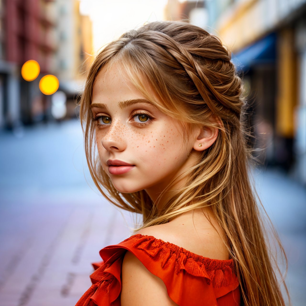 (masterpiece:1.3), HD quality, HD, HQ, 4K looking back, profile of smiling (AIDA_LoRA_InW2017:1.08) <lora:AIDA_LoRA_InW2017:0.96> in (simple red dress:1.1), [little girl], glossy skin with visible pores and freckles, pretty face, parted lips, cinematic, dramatic, insane level of details, intricate pattern, kkw-ph1, (colorful:1.1), (on the street:1.1), buildings, cars, city, sunlight, outdoors