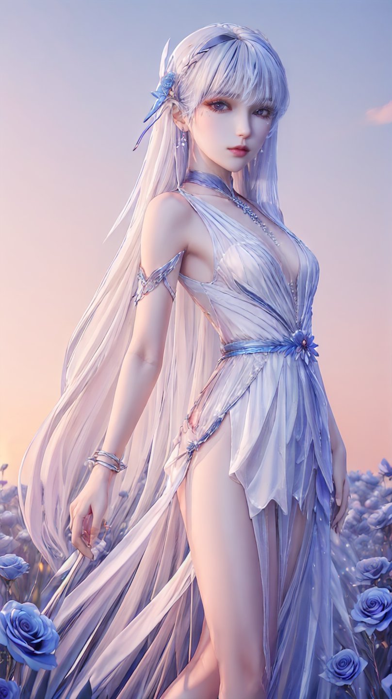 cr,1girl,solo,white dress,white hair,long hair,hair ornament,jewelry,red eyes,looking at viewer,hair_ornament,metal hair accessories,blue_dress,flower field,sunset,blue_sky,,pink rose,cowboy_shot,front view,<lora:玫瑰花场景-王导:0.6>