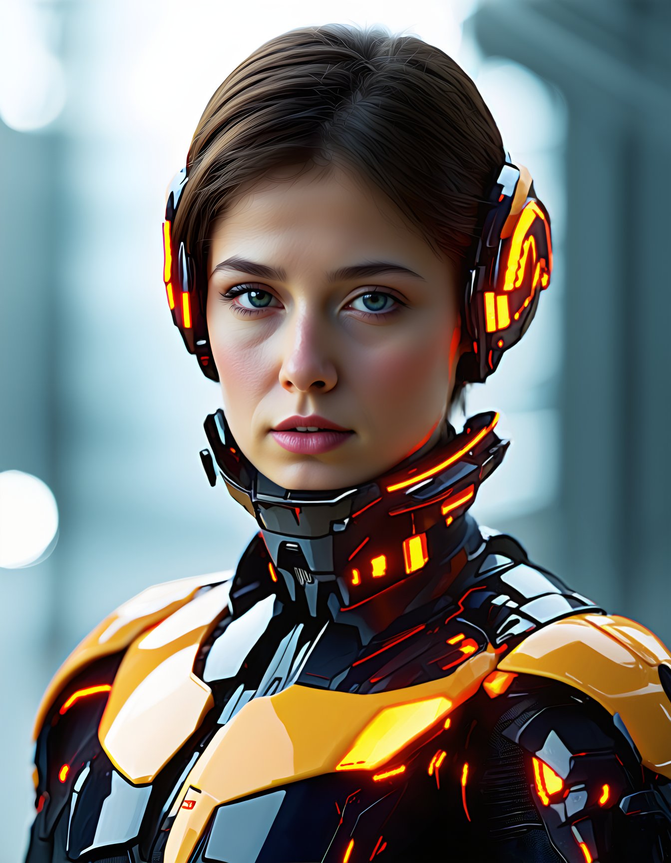 best quality, 4k, 8k, masterpiece, ultra-detailed, photorealistic, woman, looking at viewer, short hair, blue eyes, upper body, blurry, armor, lips, blurry background, bodysuit, helmet, science fiction, realistic, tinted eyewear,