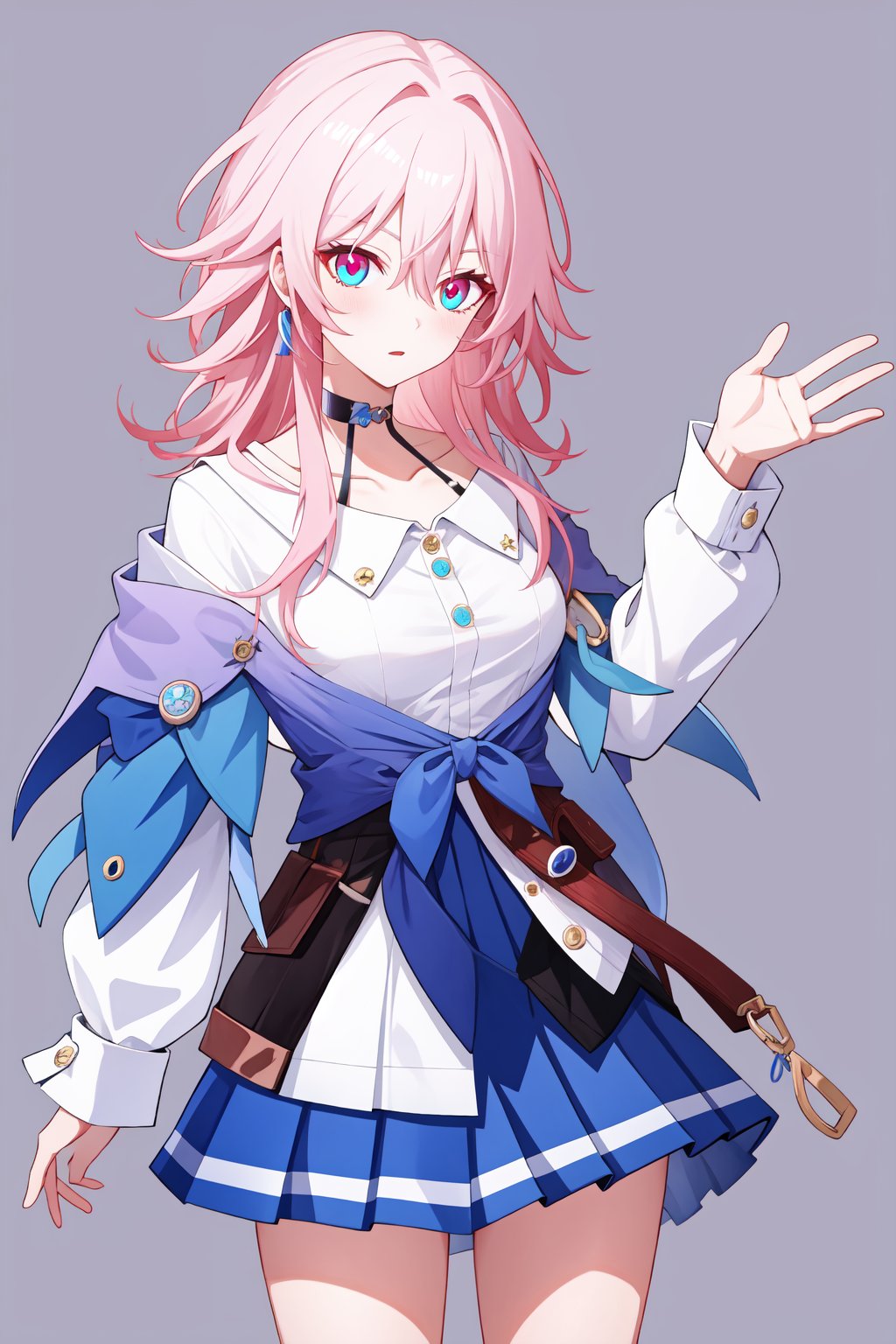 <lora:三月七:1:lbw=char>,sanyueqi,pink hair,bangs,shirt,white shirt,long sleeves,blue eyes,jacket,skirt,choker,blue jacket,blue skirt,hair between eyes,multicolored eyes,, 1girl,,  (masterpiece,best quality:1.2),absurdres