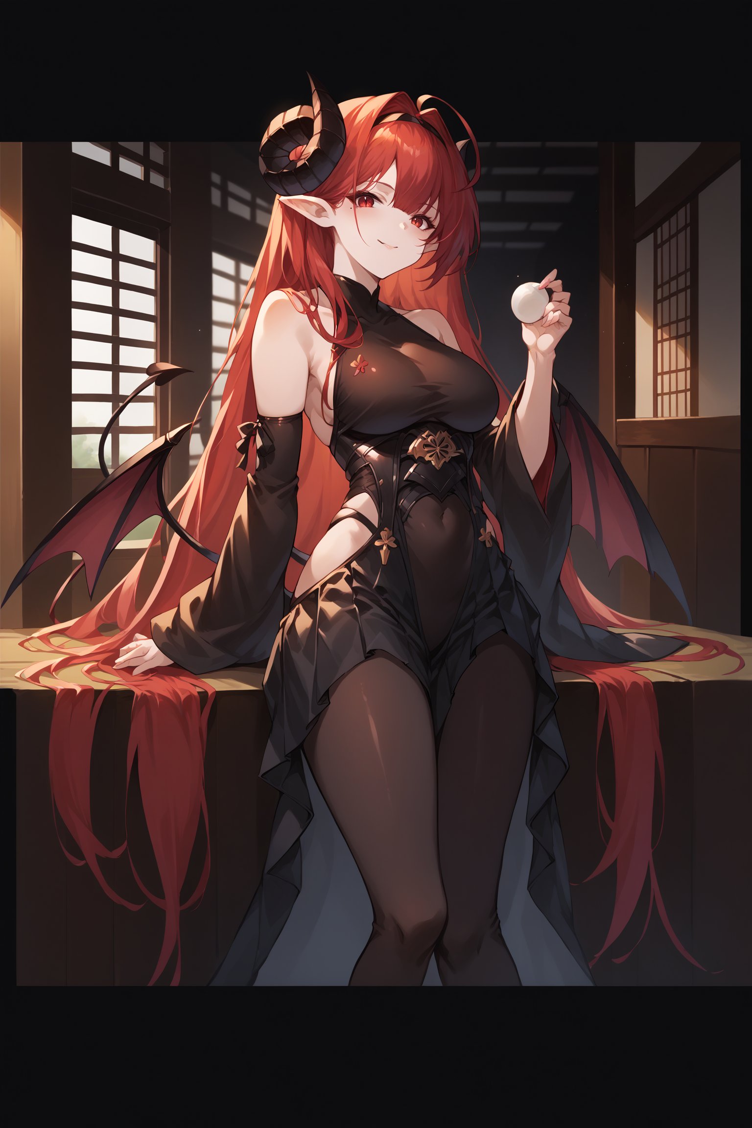 score_9, score_8_up, score_7_up, , rating_sensitive,1girl ,hinbn, ahoge, absurdly long hair, hair between eyes, mole under eye, demon horns, demon tail, demon wings, pointy ears, shrine maiden, scarlet hakama, white kosode, shiny skin, source_anime, <lora:HindenburgPDCAME AL:1>, <lora:GBFSplashArtXLPDv2:1>, gbsa, splash art, indoors, facing viewer, happy, skin tight, 