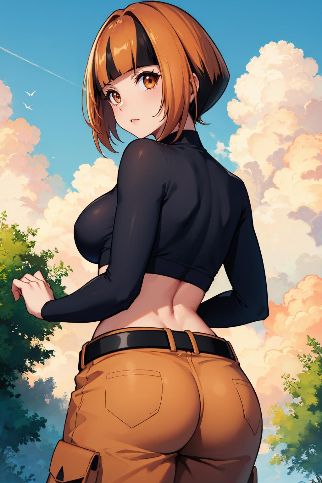 masterpiece, best quality,  <lora:gardenia-nvwls-v1-000008:1> natane, multicolored hair, black shirt, long sleeves, midriff, belt, orange shorts, large breasts, from behind, ass, looking at viewer, blue sky, clouds