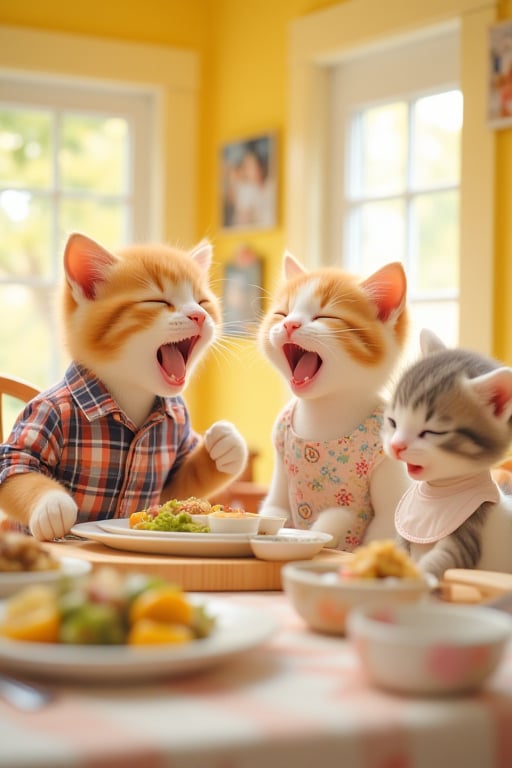 In a bright and cheerful dining room,seen from a comfortable distance,a family of kittens is having a meal together. The male kitten is wearing a smart plaid shirt. His fur is a warm ginger color with white paws. The female kitten is wearing a pretty floral apron. Her fur is a soft white with gray patches. Their little baby kitten is in a high chair,wearing a cute bib. The baby's fur is a light brown with a white belly. They all have their eyes closed and mouths wide open in laughter ((hearts pouring out of their joy)). The dining table is set with delicious food and colorful dishes. The room is filled with the aroma of the meal. The walls are painted a sunny yellow and there are pictures of happy moments hanging. The sound of their laughter and the clinking of cutlery fill the air. The family of kittens is immersed in this moment of pure happiness as they enjoy their meal together. Super realistic,photography,super details.,