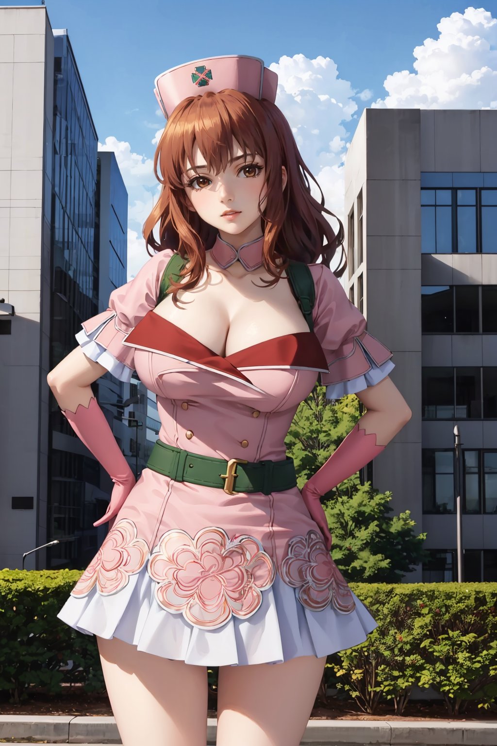 masterpiece, best quality, 1girl, <lora:mugenkurumi-nvwls-v1-000009:0.9> mugenkurumi, nurse cap, pink dress, short sleeves, cleavage, belt, pink skirt, pink gloves, large breasts, hands on hips, head tilt, looking at viewer, blue sky, city