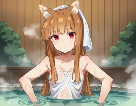 score_9, score_8_up, score_7_up, source_anime,wolfholo, <lora:wolf-holo-alpha-ponyxl-lora-nochekaiser:1>holo, red eyes, bangs, blunt bangs, sidelocks, animal ears, fox ears, brown hair, long hair,nude, naked, small breasts,outdoors, onsen, towel, naked towel, steam, bathing, nude cover, partially submerged, water, bath, steam censor, wet towel,looking at viewer, cowboy shot, dutch angle,