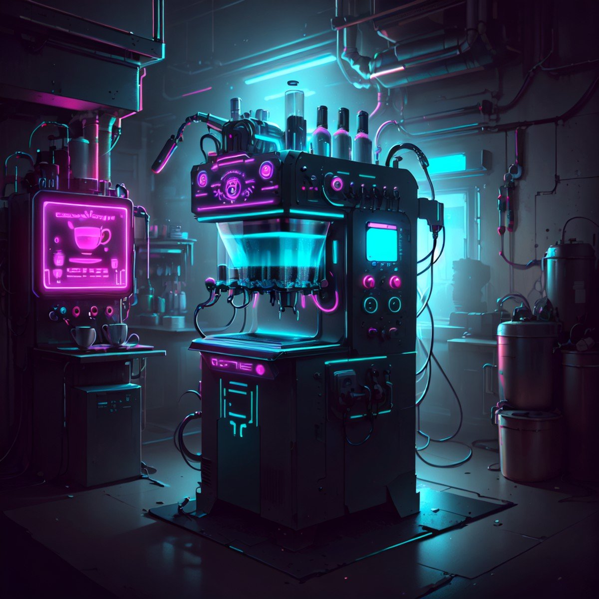 <lora:CyberPunkAI:.8> CyberPunkAI neon  coffee machine in CyberPunkAI  kitchen 