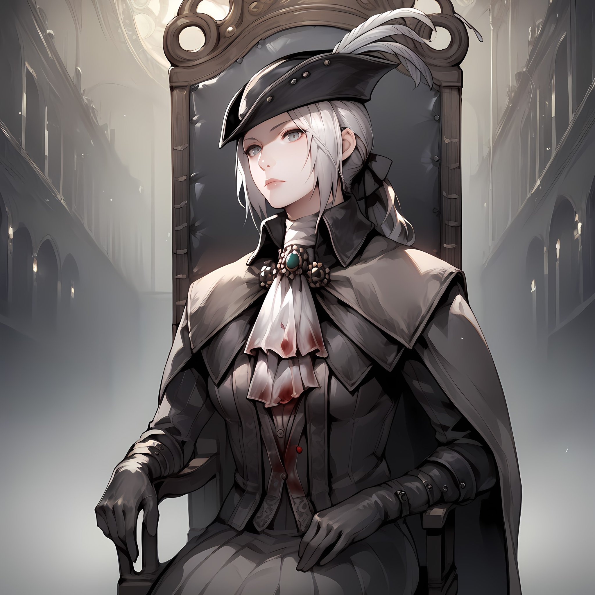 score_9,score_8_up,score_7_up,score_6_up,source_anime,rating_questionable,solo, 1girl,sitting, Victorian chair, clocktower interior, <lora:Lady_Maria_of_The_Astral_Clocktower_-_Bloodborne:0.8> lady maria, white hair, grey eyes, tricorne, gloves, hat feather, ascot, ponytail, cape, gloomy, dim, blood, zPDXL2,