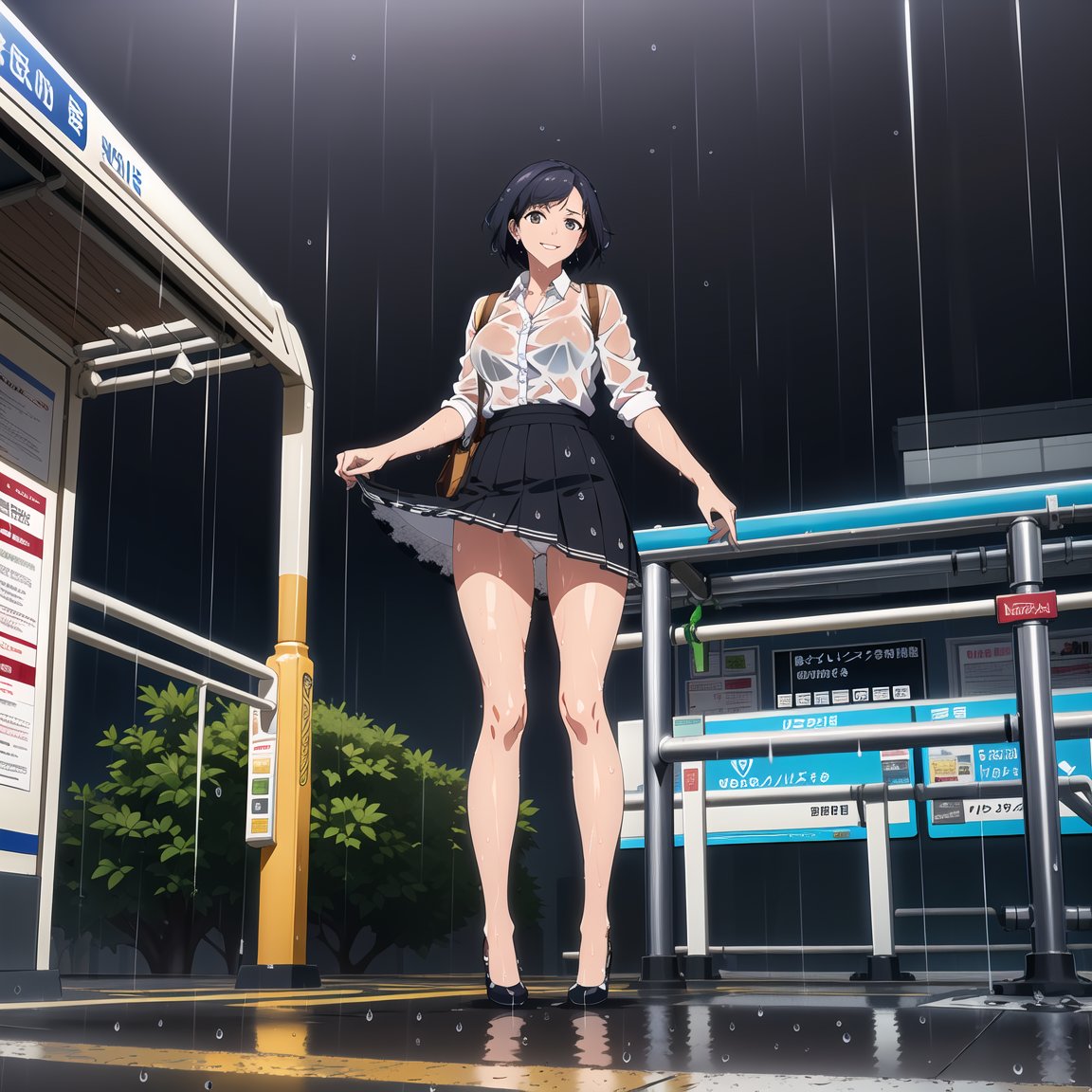 ((masterpiece, best quality)), ((full body)), from below, from front, 1girl, solo, chubby, white shirt, mini skirt, short hair, earrings, standing, looking at viewer, smiling, white pantyhose:1.2, large breast, lace:1.3, lift clothes, ((wet, raindrops, rain drop, wet clothes, no bra)), (detailed background), outdoors, bus station, bus stop, road, city, cityscape