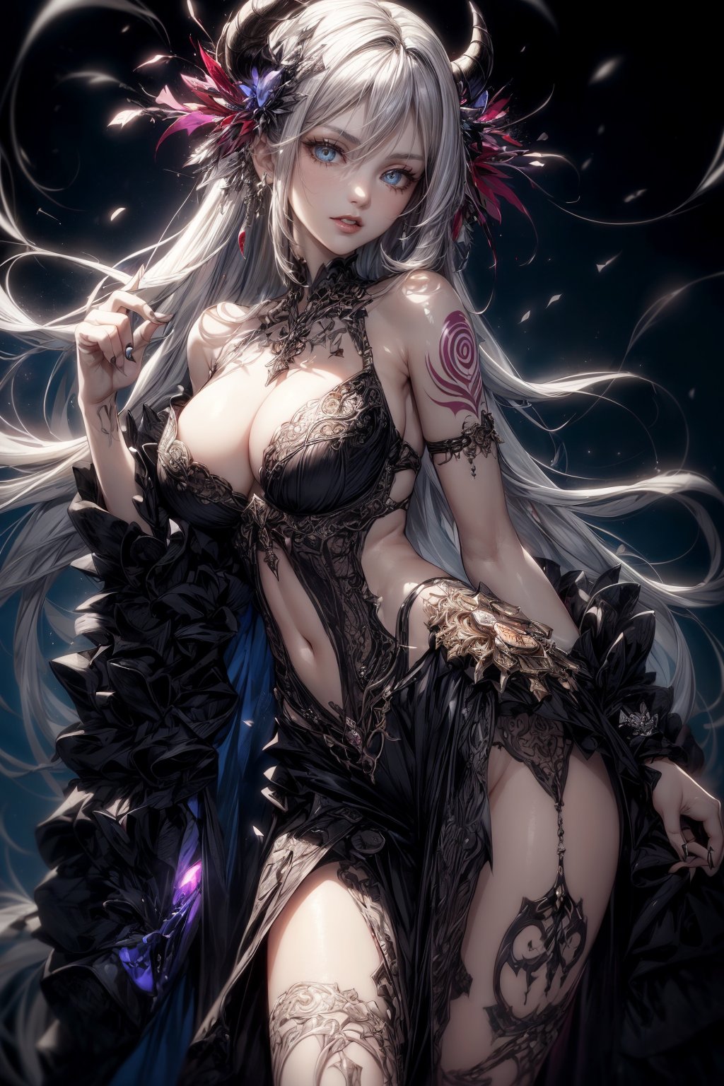 ((((Masterpiece,  Top Quality,  High Resolution))),  8k,  Breaking. cruel cosmic fallen demon,  cruel,  evil,  detailed eyes:1.3,  Breaking,  detailed face:1.3,  silver hair,  two-tone hair,  pale eyes,  breaking,  (full body tribal tattoo),  detailed negligee,  D cup cleavage,  Gravure posing,  Sexy,  Breaking,  Bioluminescence,  Tingling,  Re, .HELL SENT,  very bright colors,  light particles,  shining light and,  Mshiff,  wallpaper art,  UHD wallpaper,  cowboy shot, ,  adult shot,  evil glow,  evil laugh, . , kiana kaslana, yamato, lolopechka, noelledef, outfit-km, purple dress, yaemikodef, monadef, kamisatoyakadef, alexia_olis, arlecchino, phlg,<lora:EMS-179-EMS:0.500000>,<lora:EMS-1093-EMS:0.500000>,<lora:EMS-63140-EMS:0.400000>