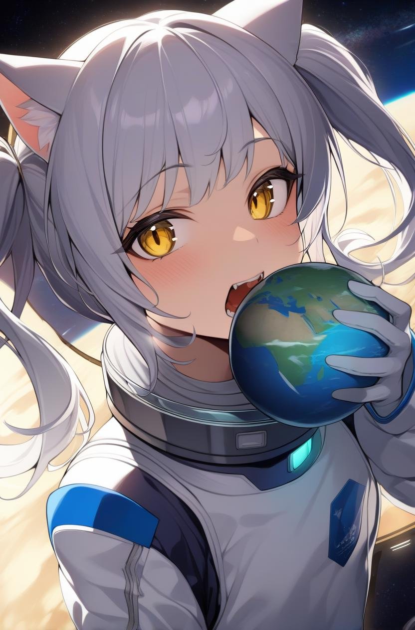 masterpiece, 1girl, spacecraft interior, spacesuit, upper body, science fiction, yellow eyes, twintails, silver hair, cat ears, looking at viewer, open mouth, holding earth \(planet\), eating, 