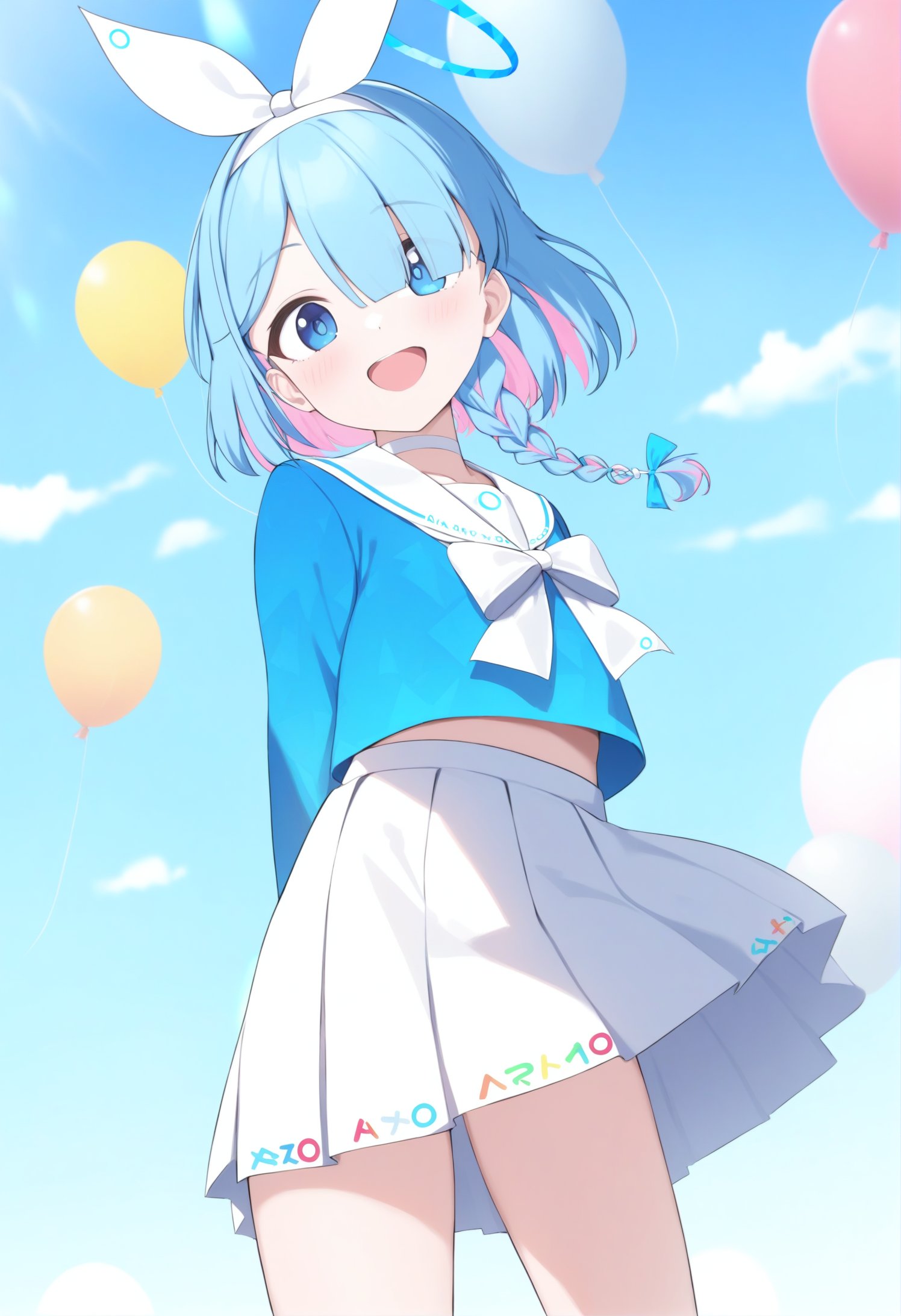 1girl,arona \(blue archive\),blue eyes,colored inner hair,blue hair,smile,open mouth,looking at viewer,bow hairband,blue sailor collar,white pleated skirt,braid,choker,halo,white sailor collar,serafuku,shirt bow,long sleeves,blue school uniform,blue sky,balloon,Many balloons,standing,masterpiece,best quality,absurdres,