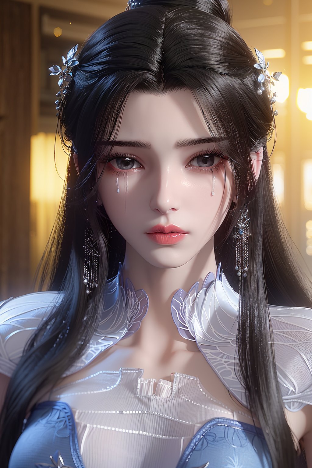 hanfu,xianni,muwan,portrait,1girl,solo,black hair,looking at viewer,parted lips,black eyes,red lips,long hair,realistic,hair ornament,<lora:limuwan_v1:0.7>,tear,crying,