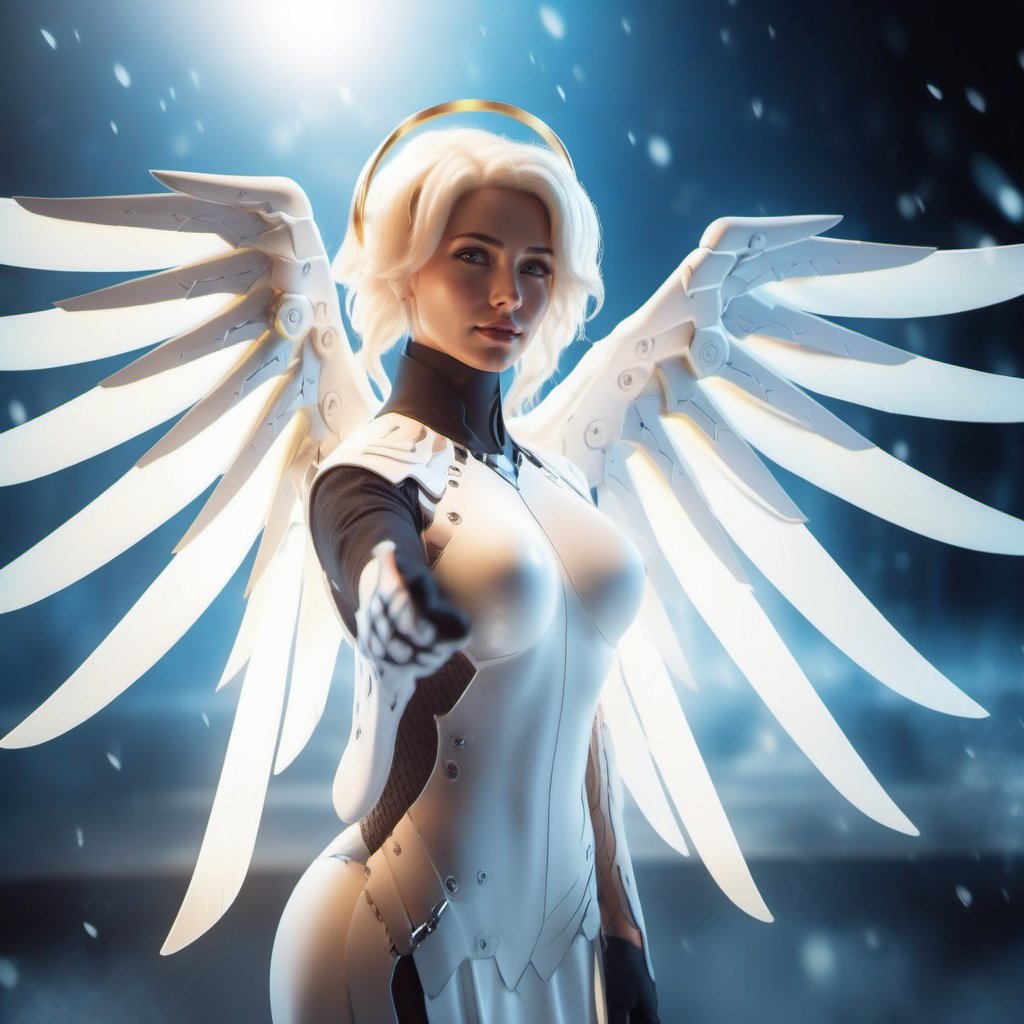 cinematic photo a realistic woman dressed in white with wings and an angel's halo , fantasy world <lora:Angel1024-000390:0.8> . 35mm photograph, film, bokeh, professional, 4k, highly detailed