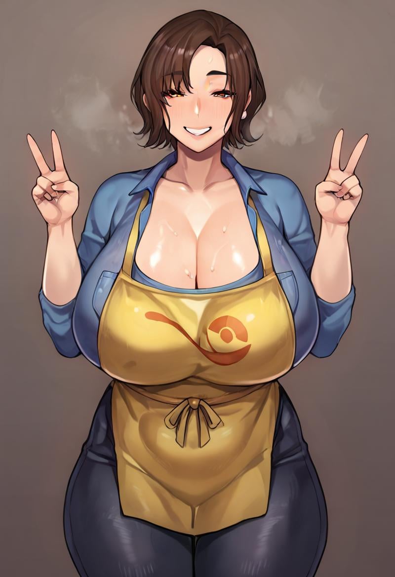 <lora:Paldea_Mother_Pokemon_ScarletViolet_PDXL:0.6> mother_sv,  naughty face, cleavage, looking at viewer, huge breasts,  <lora:Mandaring_style:0.6>, simple background, grey background, yellow apron, blue shirt, black jeans, double v, wide hips, score_9, score_8_up, score_7_up, score_6_up, score_5_up, score_4_up, BREAK, uncensored