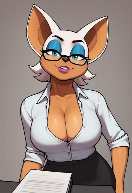 score_9, score_7_up <lora:mrpotatoparty-guy-PONY-DORAv101:1>, 1girl, solo, portrait, rouge the bat, cleavage, collared shirt, glasses, office lady, furry, 