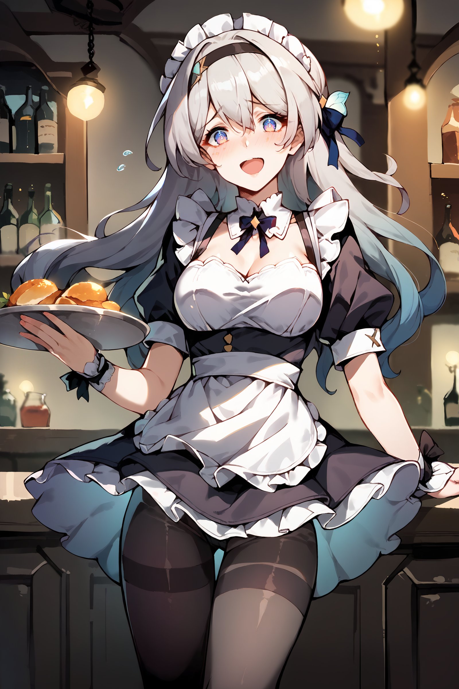 score_9, score_8_up, score_7_up, 1girl, firefly \(honkai: star rail\), hairband, solo, maid, maid headdress, maid apron, embarrassed, pantyhose, open mouth, blush, smile, open mouth, holding plate, looking at viewer, cowboy shot, bar \(place\), indoors, depth of field  <lora:Char-HonkaiSR-Firefly-V1-Pony:0.9>  <lora:Expressive_H:0.3> <lora:urushihara-lora04_PonyXL:0.7>