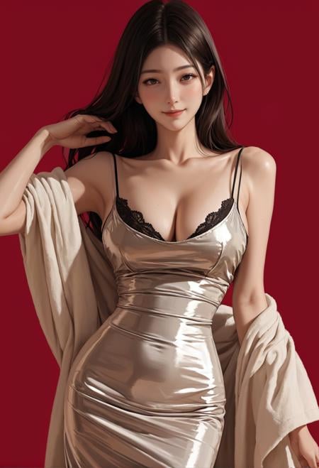 1girl,solo,red background,,ruanyi0885,black bra,dress,spaghetti strap,sleeveless dress,silver dress,cowboy shot,<lora:0885 fake two piece nightclub dress_v1_pony:1>, score_9, score_8_up, score_7_up, score_6_up, score_9, score_8_up, score_7_up, score_6_up source_anime, blush, 1girl, seduce smile, perfect body , natural huge breasts