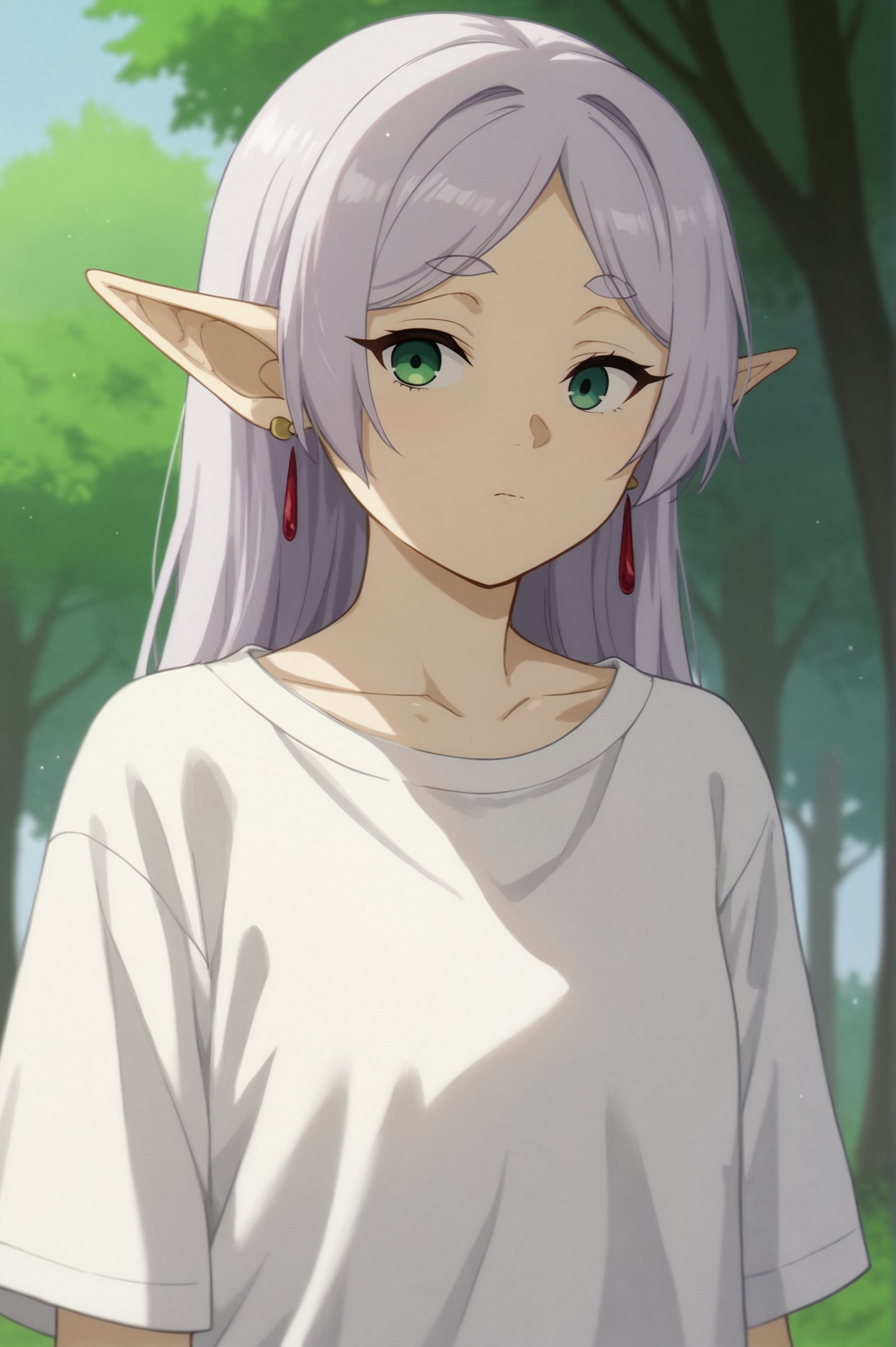 rating_all, score_10, score_8_up, score_7_up,  Frieren, 1girl, solo, long hair, shirt, closed mouth, green eyes, collarbone, grey hair, outdoors, pointy ears, tree, elf, nature <lora:Frieren:0.8>