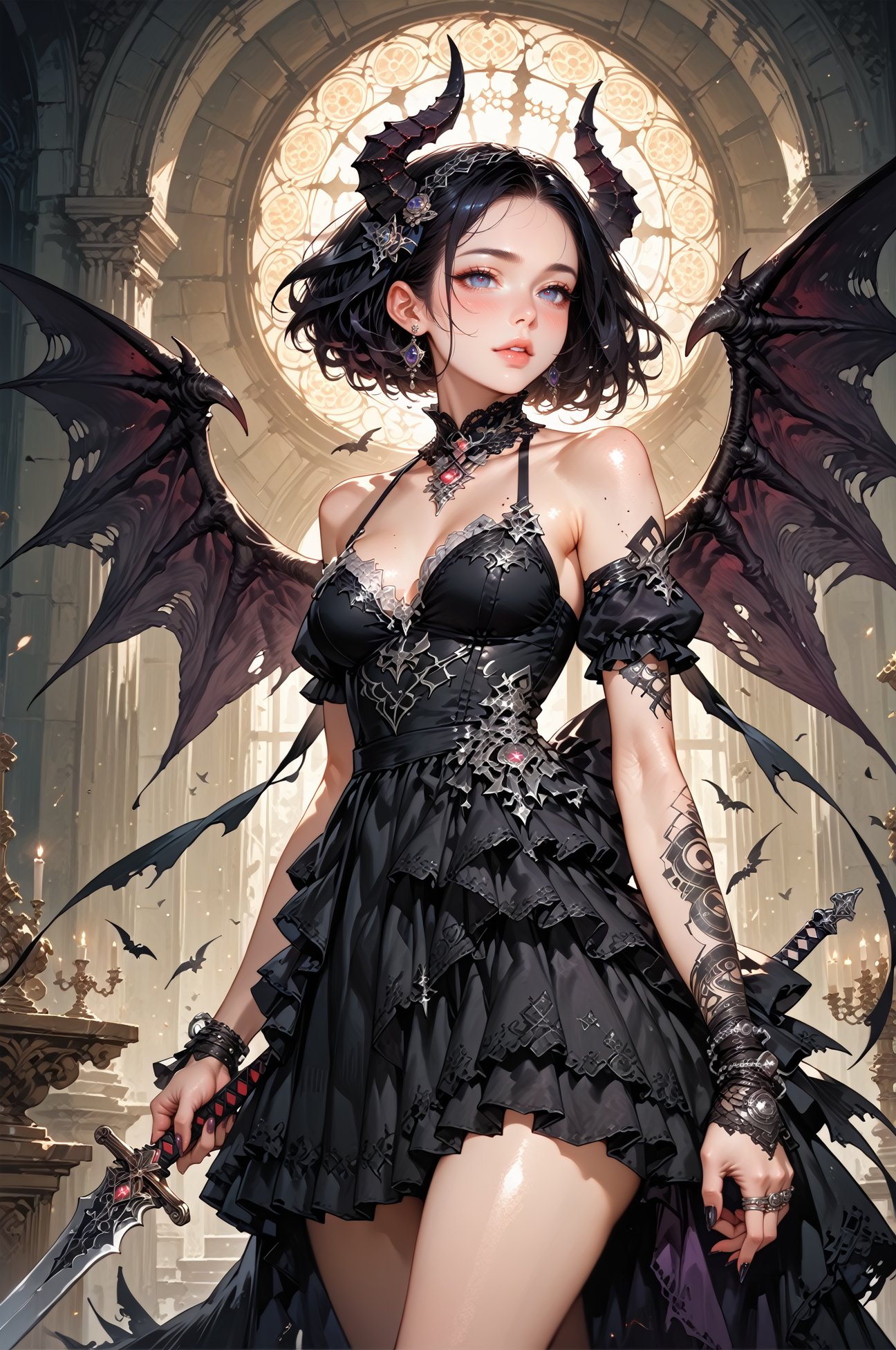 score_9, score_8_up, score_7_up, score_6_up, 1girl, epic, gothic, radiant light rays, (solo), demon girl, demon horns, holding sword, wings, ornaments, windy, delicate and smooth skin, blush, perfect body, thighs, highly detailed, glossy lips,, ruffle frill dress, LApromiseXL, <lora:LApromiseXL:0.7>, shiny earrings,<lora:hand 4:0.3> , <lora:Fant5yP0ny:0.6> <lora:Expressive_H:0.4> Expressiveh