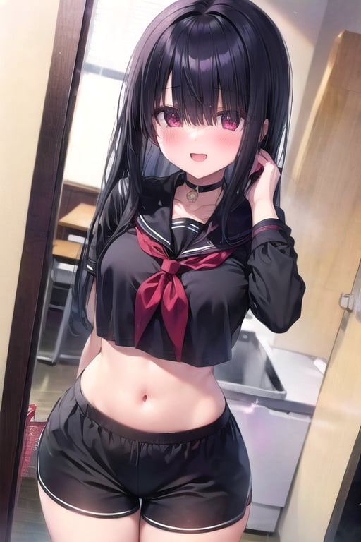 1girl, school_uniform, hair_over_eyes, solo, black_hair, long_hair, looking_at_viewer, black_serafuku, blush, neckerchief, eyes_visible_through_hair, bangs, open_mouth, choker, sailor_collar, red_eyes, blunt_bangs, smile, red_neckerchief, black_choker, black_sailor_collar,Mob chan,Hair over eyes,hair covering eyes, hot shorts, crop_top, navel<lora:EMS-179-EMS:0.300000>, <lora:EMS-418226-EMS:0.800000>, <lora:EMS-417222-EMS:0.800000>