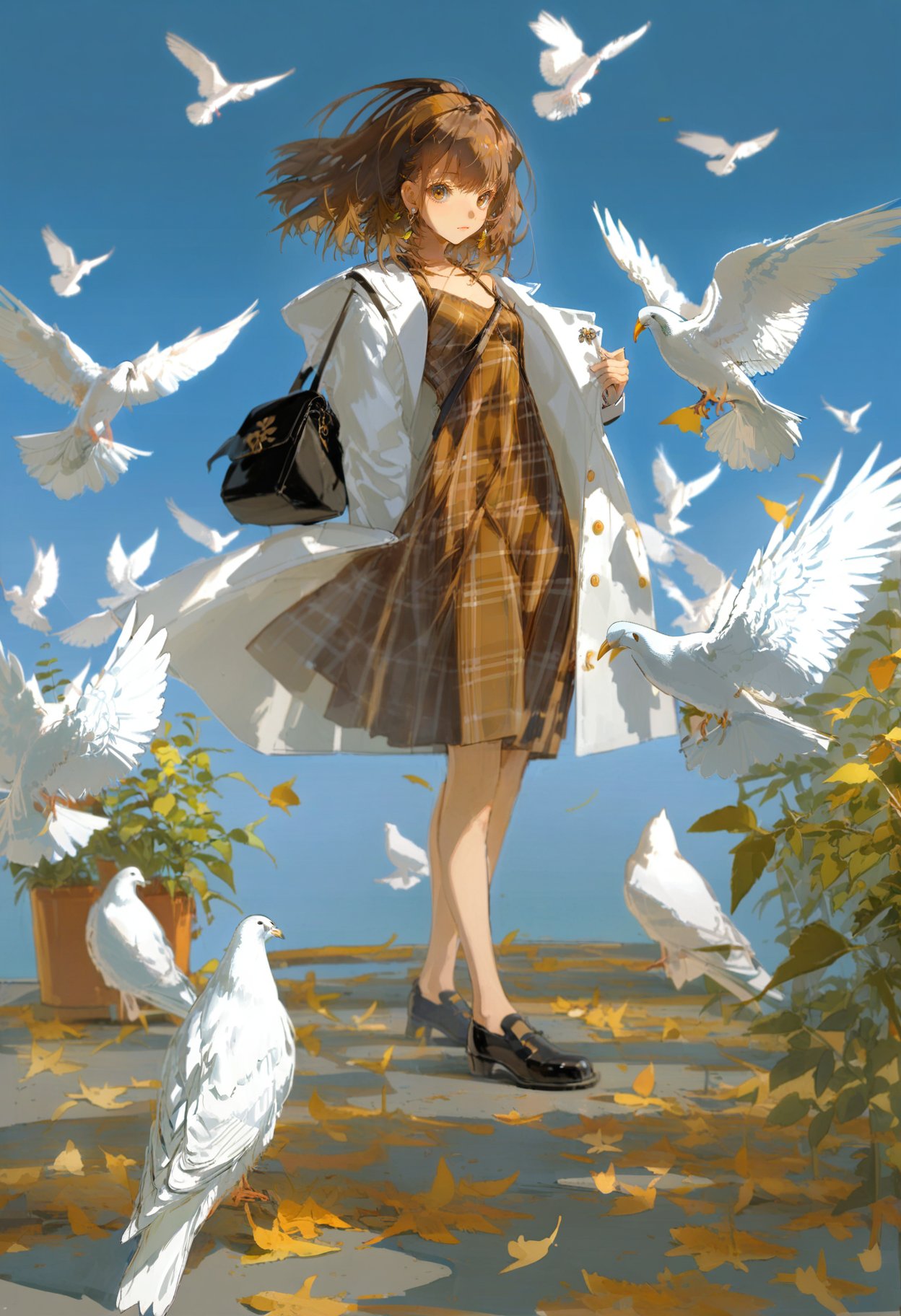 masterpiece, best quality, <lora:REDUMXLANI31lokrV53P1-000121:0.95>  1girl, bird, white bird, brown hair, solo, outdoors, dress, leaf, brown eyes, coat, bag, looking at viewer, standing, wind, full body, jewelry, black footwear, medium hair, sky, plaid, day, animal, dove, white coat, plant, closed mouth, bangs, blue sky, brown dress, open coat, earrings, shoulder bag, white jacket, open clothes