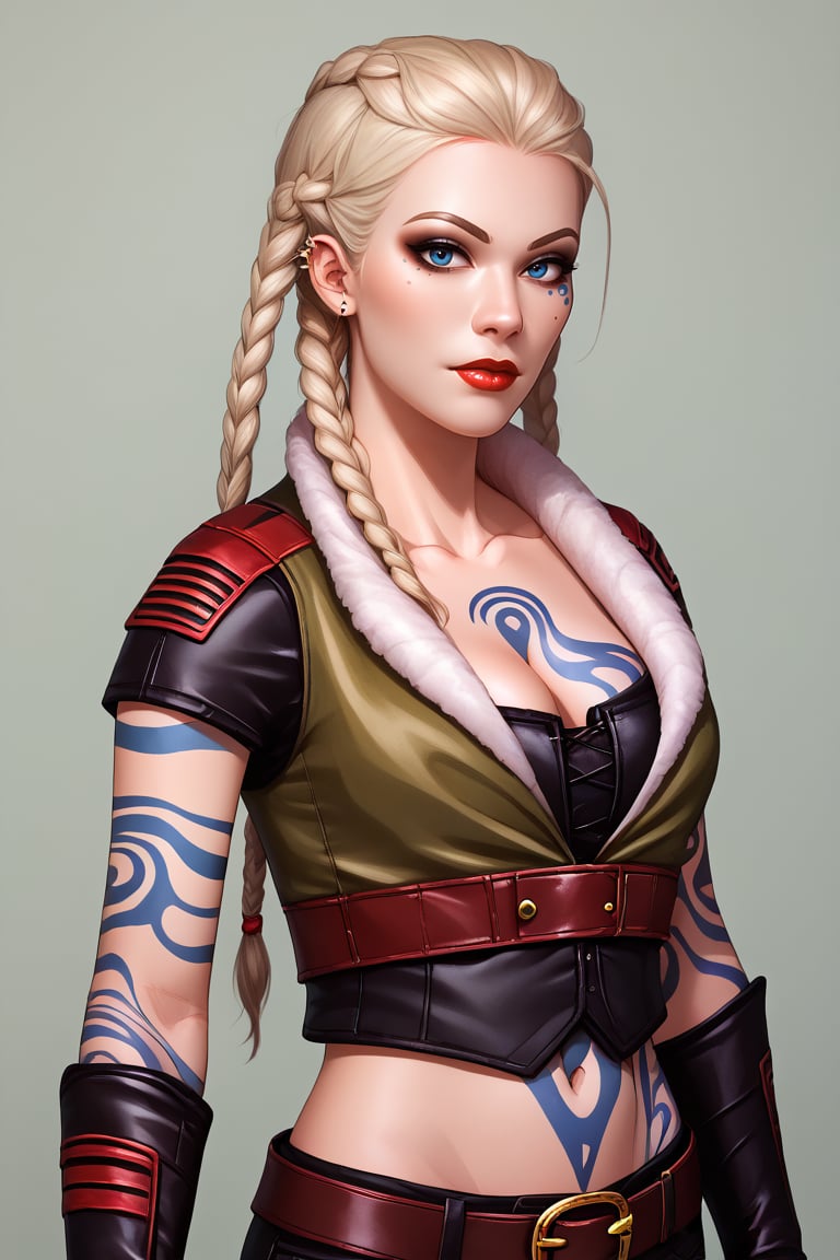 score_9, score_8_up, score_7_up, BREAK, 1girl, solo, breasts,  <lora:commandantsteele-guy-PONYv1:1>, commandantsteele, tattoo, braids, makeup, lipstick, jewelry, jacket, gloves, cleavage, midriff, pants, belt, upper body, portrait, looking at viewer, 