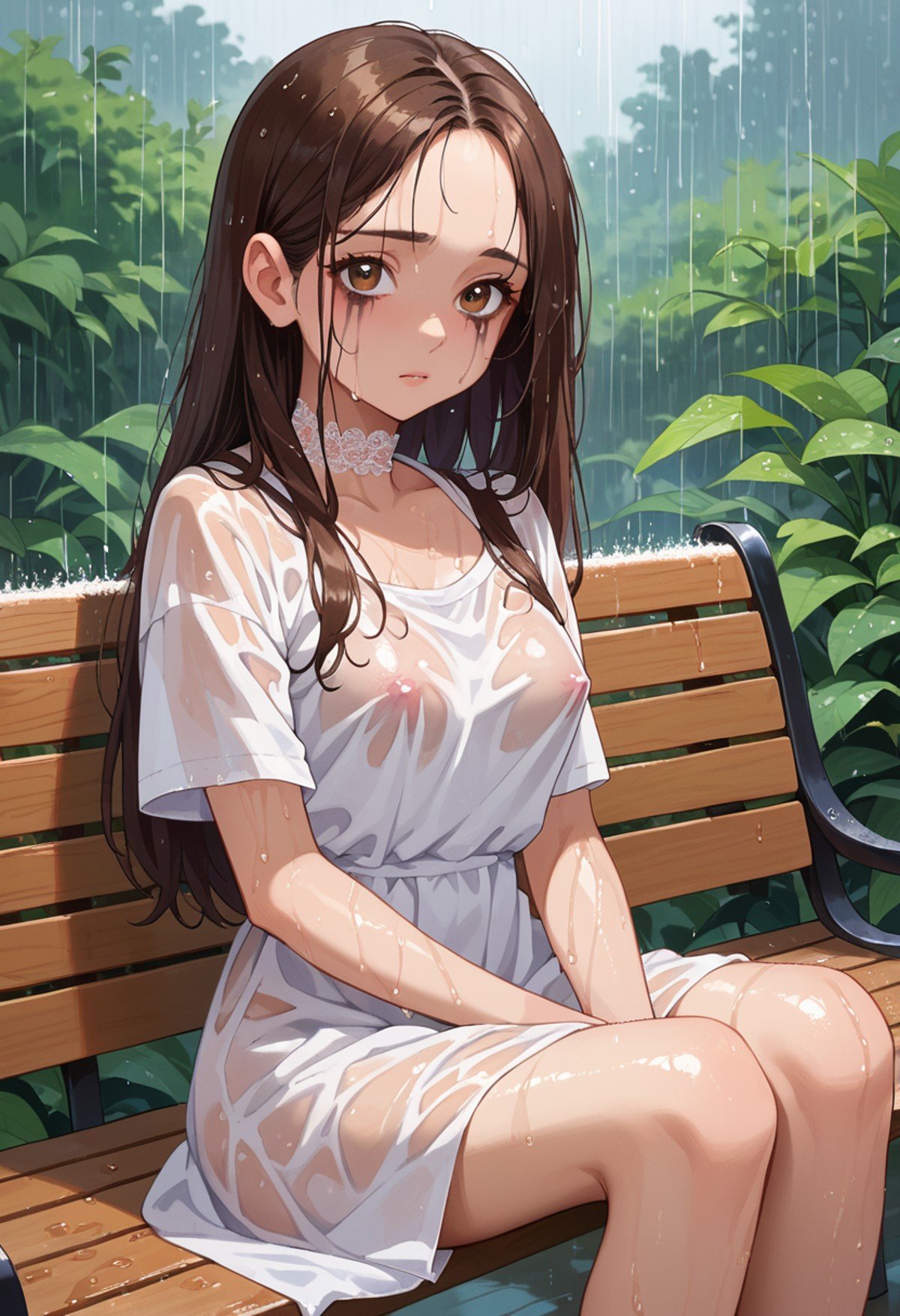 score_9, score_8_up, score_7_up,  source_anime, 1girl, long hair, brown hair, brown eyes, white summer dress, rain, wet clothes, covered nipples, sitting on bench, runny makeup, lace choker