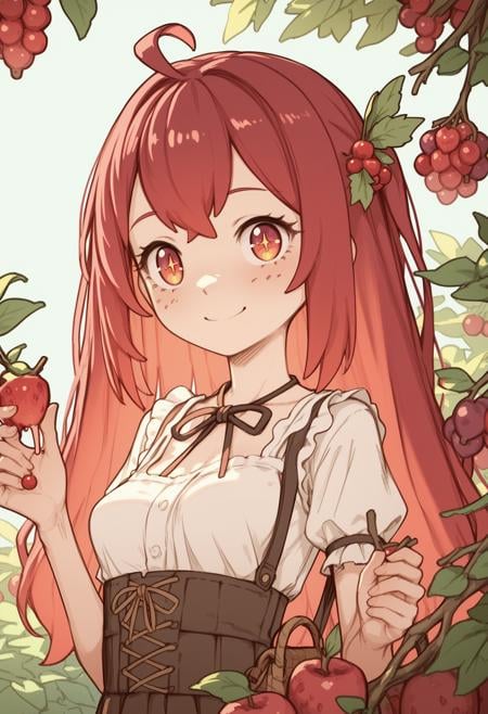 1girl, cranberry-chan, personification of a cranberryn cute, smile, medium breasts, score_9, score_8_up, score_7_up, score_6_up, score_5_up, score_4_up