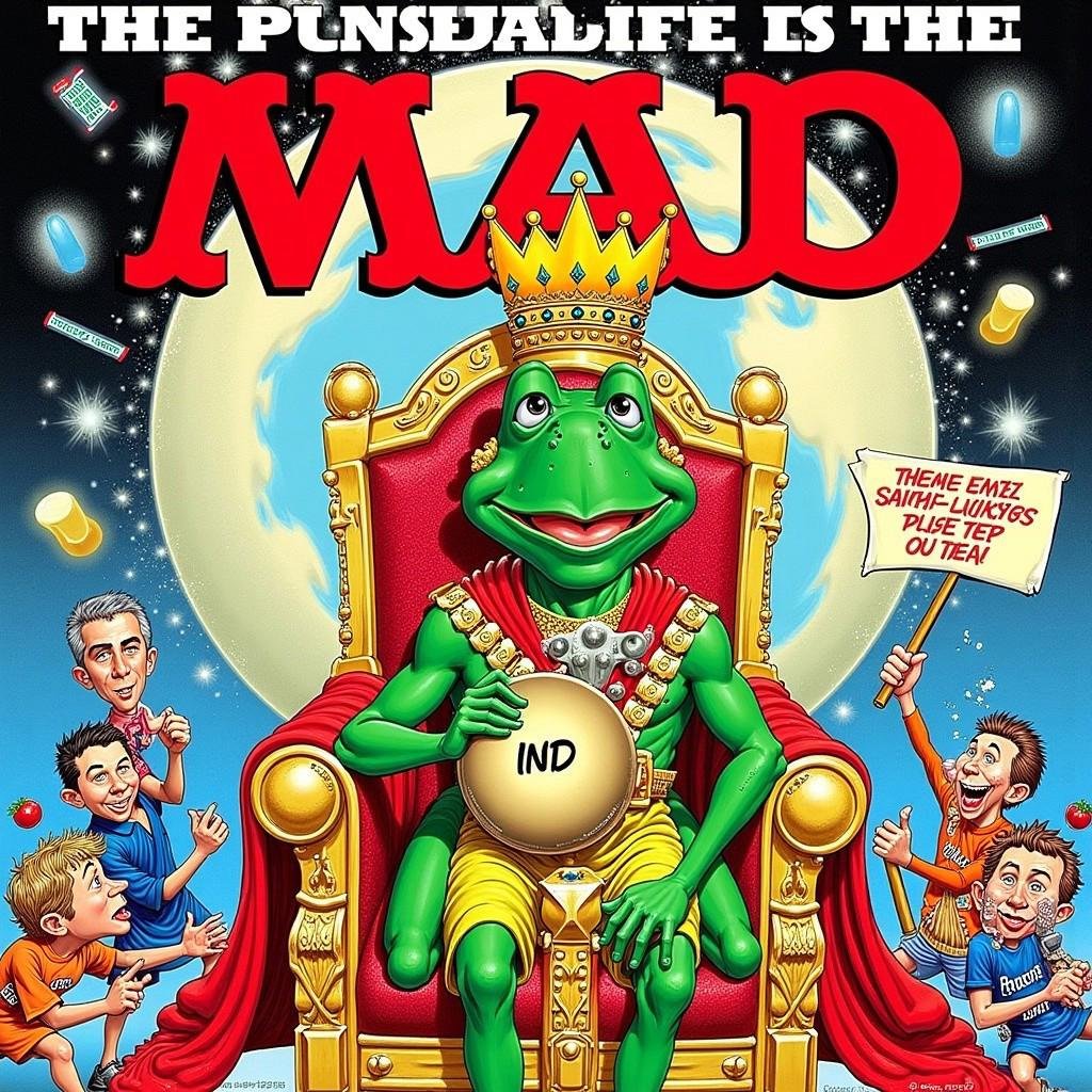 In the art style of iconic MAD magazine. The cover shows Pepe the Frog, now crowned as the “Supreme Meme Emperor,” sitting on a golden throne made of internet memes. Pepe is decked out in royal robes, but his crown is a giant “LOL” emoji, and he’s holding a scepter shaped like a Facebook like button. Surrounding him are other meme characters, like Doge and Grumpy Cat, bowing down in exaggerated obedience while a chaotic internet court unfolds. Trolls dressed as medieval jesters are throwing digital tomatoes at shocked social media influencers. In the background, the Internet is depicted as a swirling vortex, with hashtags and viral trends flying around like confetti, while a terrified news anchor holds up a headline: “Meme Overlords Rule the Web!”