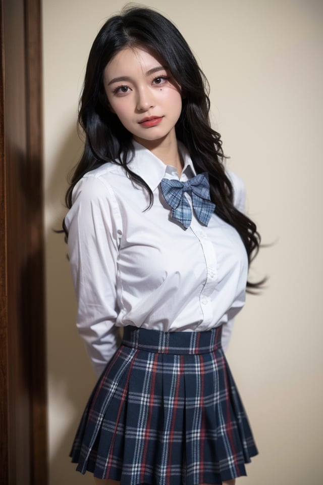 1girl,solo,long hair,realistic,skirt,black hair,school uniform,bow,shirt,looking at viewer,brown eyes,bowtie,arms behind back,white shirt,plaid,lips,smile,best quality,masterpiece,illustration,Amazing,finely detail,masterpiece,official art,incredibly absurdres,huge filesize,ultra-detailed,highres,extremely detailed,realistic,,<lora:Kirihara Mizuki_20240514185959:0.8>