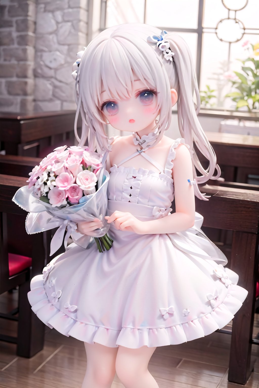 church, 1girl, solo, loli, petite, kawaii, bouquet