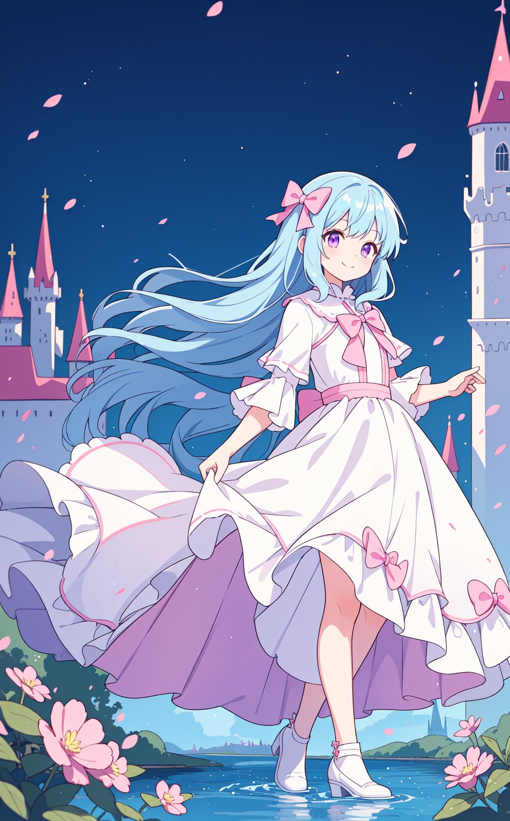 light blue hair,pink purple eyes,princess,magic,castle,river,wind,long hair,happy,(((white dress))),bow,big bow,smile,fcportrait,full body,<lora:standingFullBodyWithBackgroundStyle_v10Offset:1>,, masterpiece, best quality,