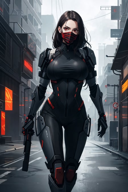 inkpunk redshift style, An assassin Bionic Woman  , stunning face ,face mask , realistic red eyes, sexy Body, Big breasts, walking through science fiction city. Dark science fiction hyperrealistic ominous 8k 18+ beautiful epic High resolution