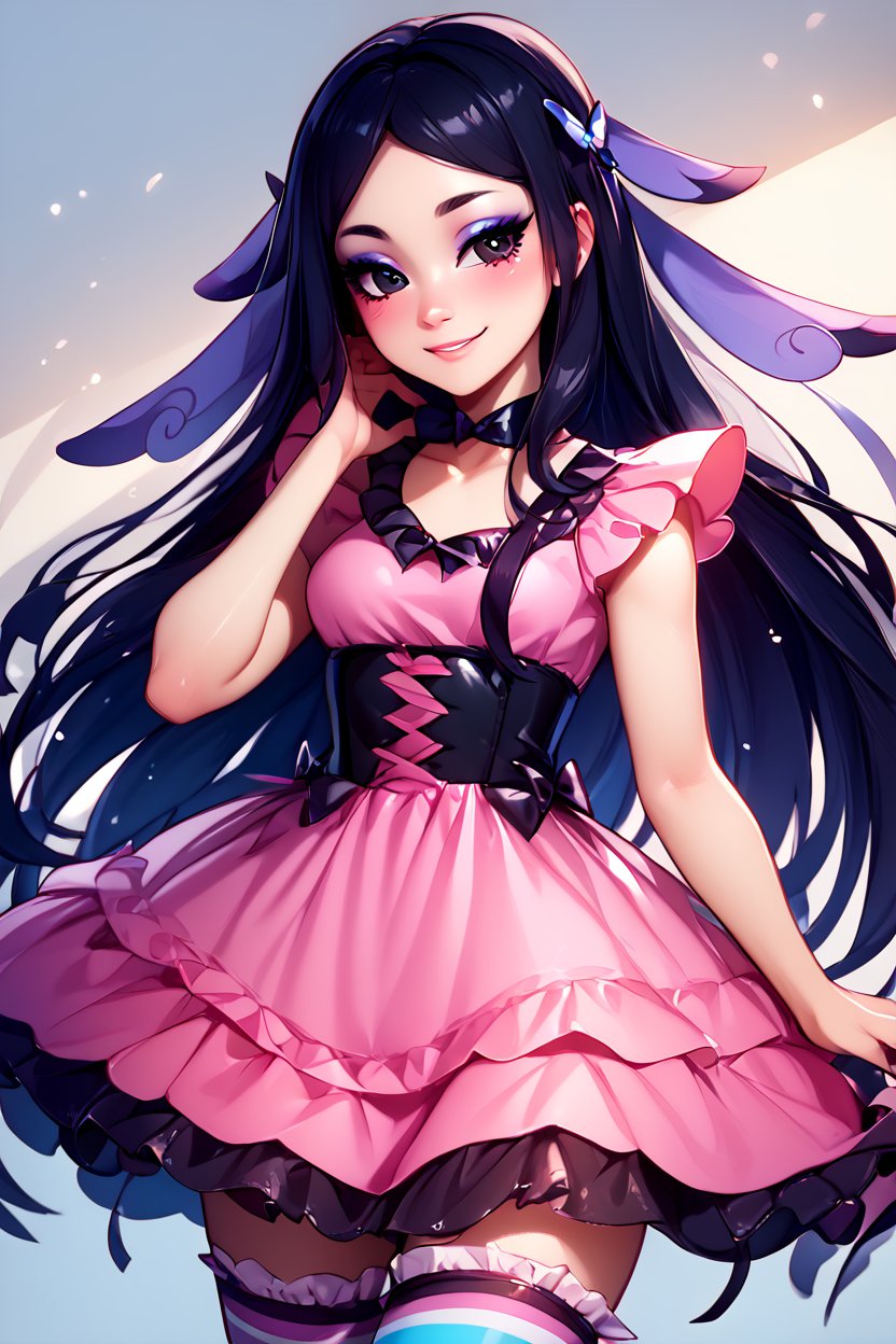 score_9, score_8_up, score_8, medium breasts, (curvy), cute, eyelashes,       BREAK,  zzValerie, long hair, black hair, black eyes, parted bangs, eyeshadow, hair ornament,   <lora:ValeriePokemonPDXL:0.8>,   BREAK, closed mouth, alternate costume, smile, nail polish, looking at viewer, hand up, blush,  zzLFashion, frilled dress, frills, bow, dress, striped thighhighs, sweetL,    embedding:zPDXL, Expressiveh,   <lora:Vivid:0.7>,  <lora:LFashionPDXL:1>,  <lora:Uncensored_PonyXL_cpt_v02.09:0.4>,  <lora:Expressive_H-000001:0.4>,