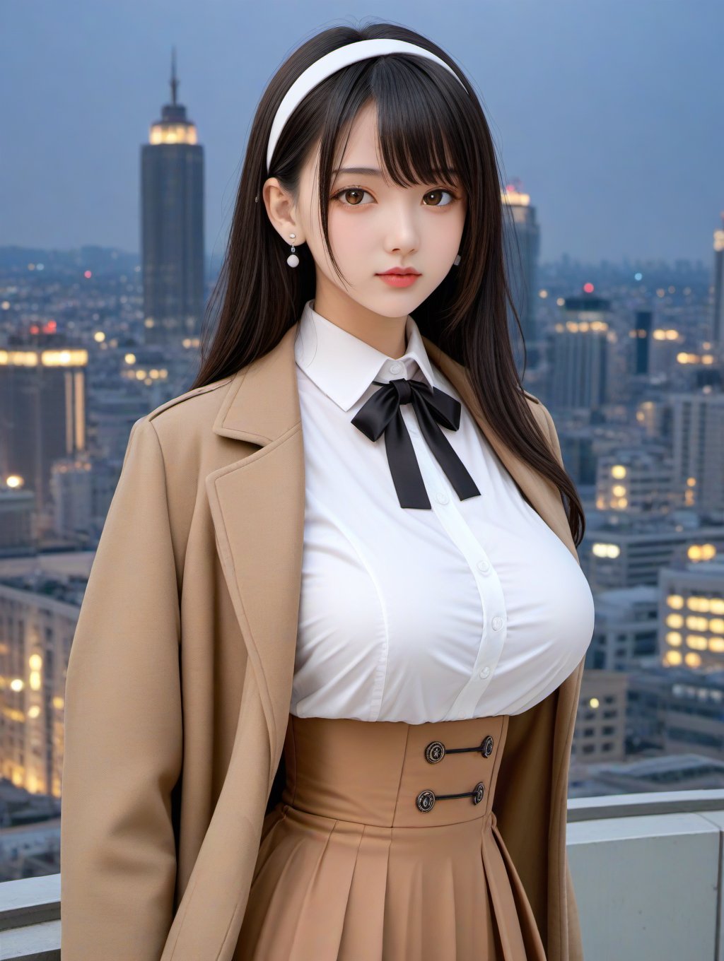 brown eyes, black hair, long hair, bangs, large breasts, earrings, white hairband, black ribbon, neck ribbon, white shirt, collared shirt, brown skirt, brown coat, coat on shoulders, high-waist skirt, standing, looking at viewer, upper body, cityscape, 