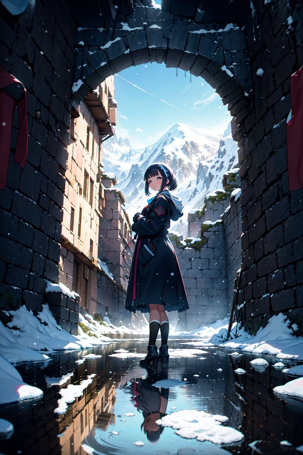 (masterpiece, best quality, chromatic aberration), (1girl:1.2), upper body, snowy landscape, with snow-capped mountains, panorama, Illustrate the ruins of an ancient castle, with crumbling walls, mysterious passageways, reflection,  and a sense of history and intrigue, water, moss, girl focus,