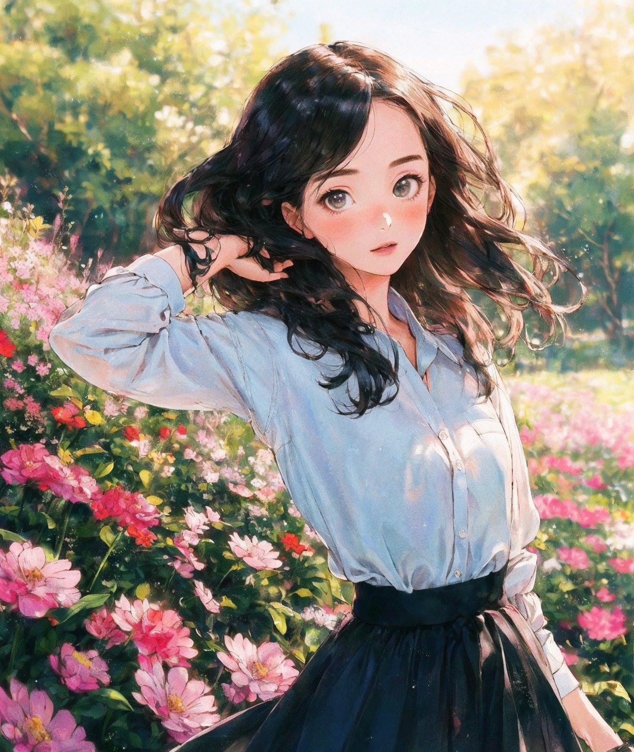 best quality, hyper realism, (ultra high resolution), masterpiece, 8K, RAW Photo,1girl,outdoor,(beautiful face:1.5),see throug,90s, Long hair reaching the waist,In the morning, in the flowers,hide hands behind back, slender waist,Modern and fashionable hairstyle,shirt tucked in,overskirt