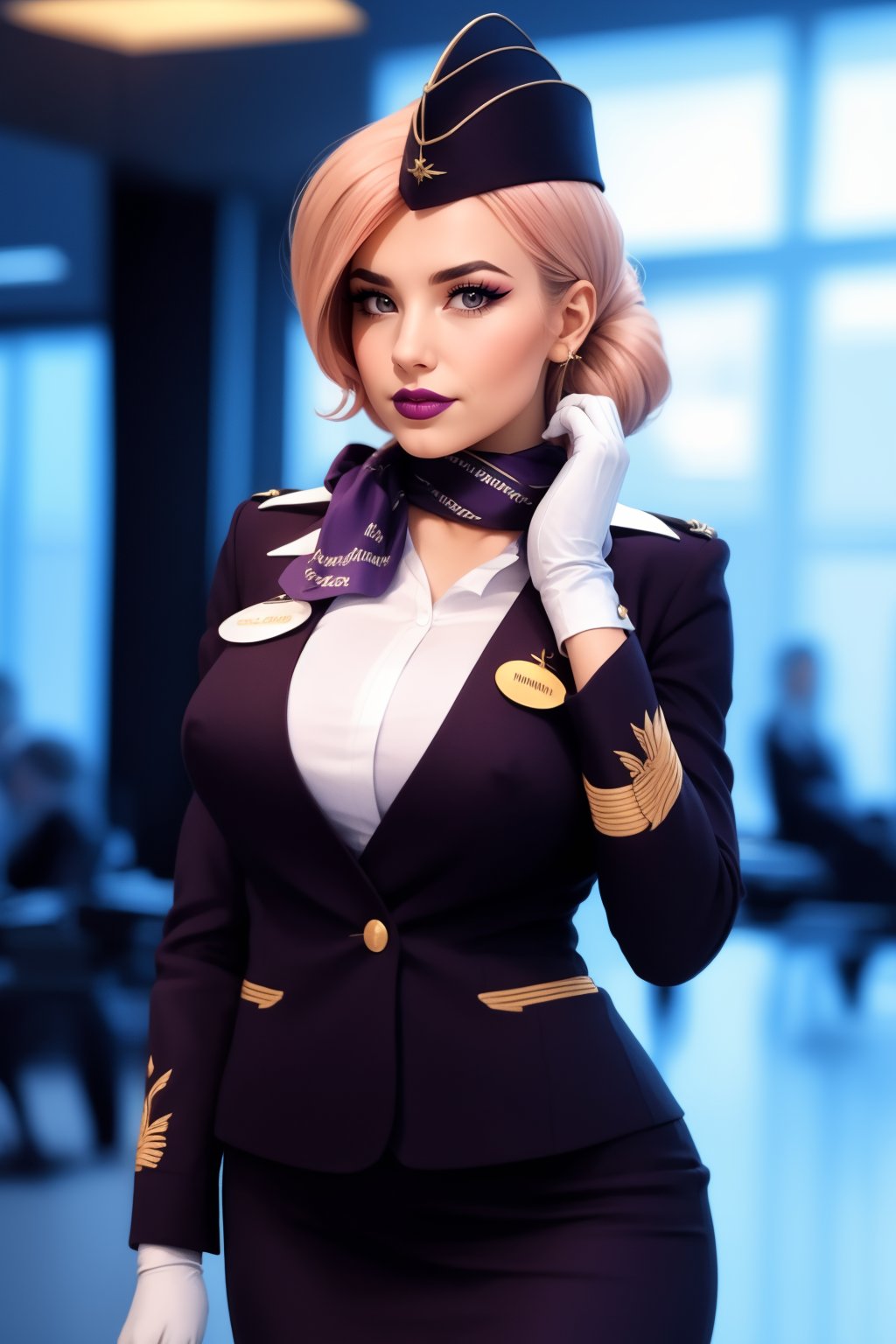 cinematic film still 1girl, solo, ((purple theme)), beautiful adult woman, eyeliner, eyeshadow, makeup, black lips ((strawberry blonde hair))  hair,best quality, high quality, high detail, 4k, 8k resolution,rim lighting <lora:Stewardess-64:0.80> st3w4rd3ss, uniform, white gloves, lapel, garrison cap, flight pin, name tag, pencil skirt, scarf, cuffs, large breasts, hourglass figure . shallow depth of field, vignette, highly detailed, high budget, bokeh, cinemascope, moody, epic, gorgeous, film grain, grainy