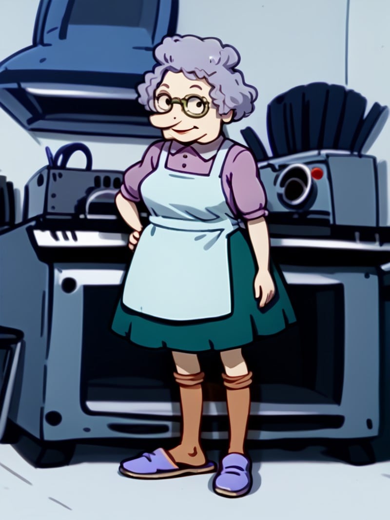 <lora:Minka_Kropotkin_-_Rugrats-10:1.4>1girl, old lady, light blue hair, blue shirt, apron, pince_nez_glasses, vintage_eyewear, dark blue skirt, orange socks, blue slippers, full body, source_cartoon, score_9, score_8_up, score_7_up,