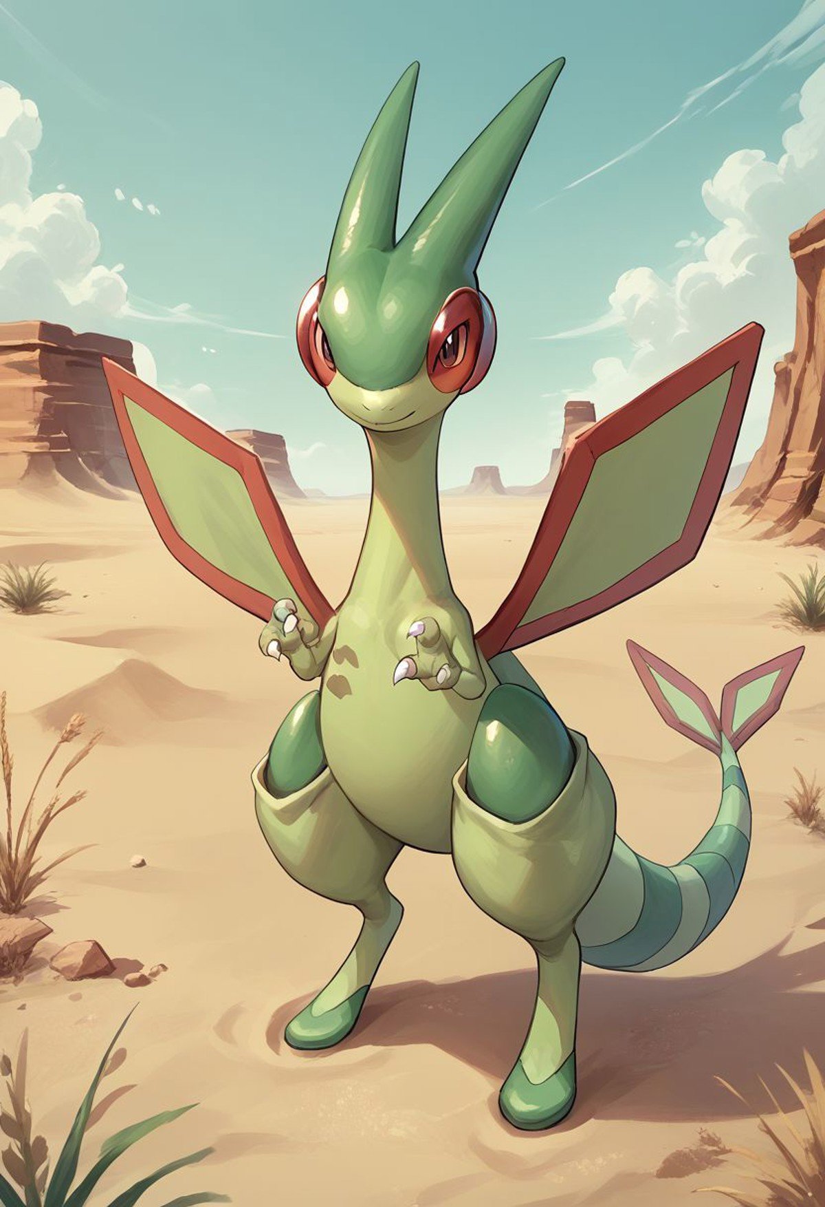 (source_anime, score_9, score_8_up, score_7_up:1), flygon, outdoors, desert, looking at viewer