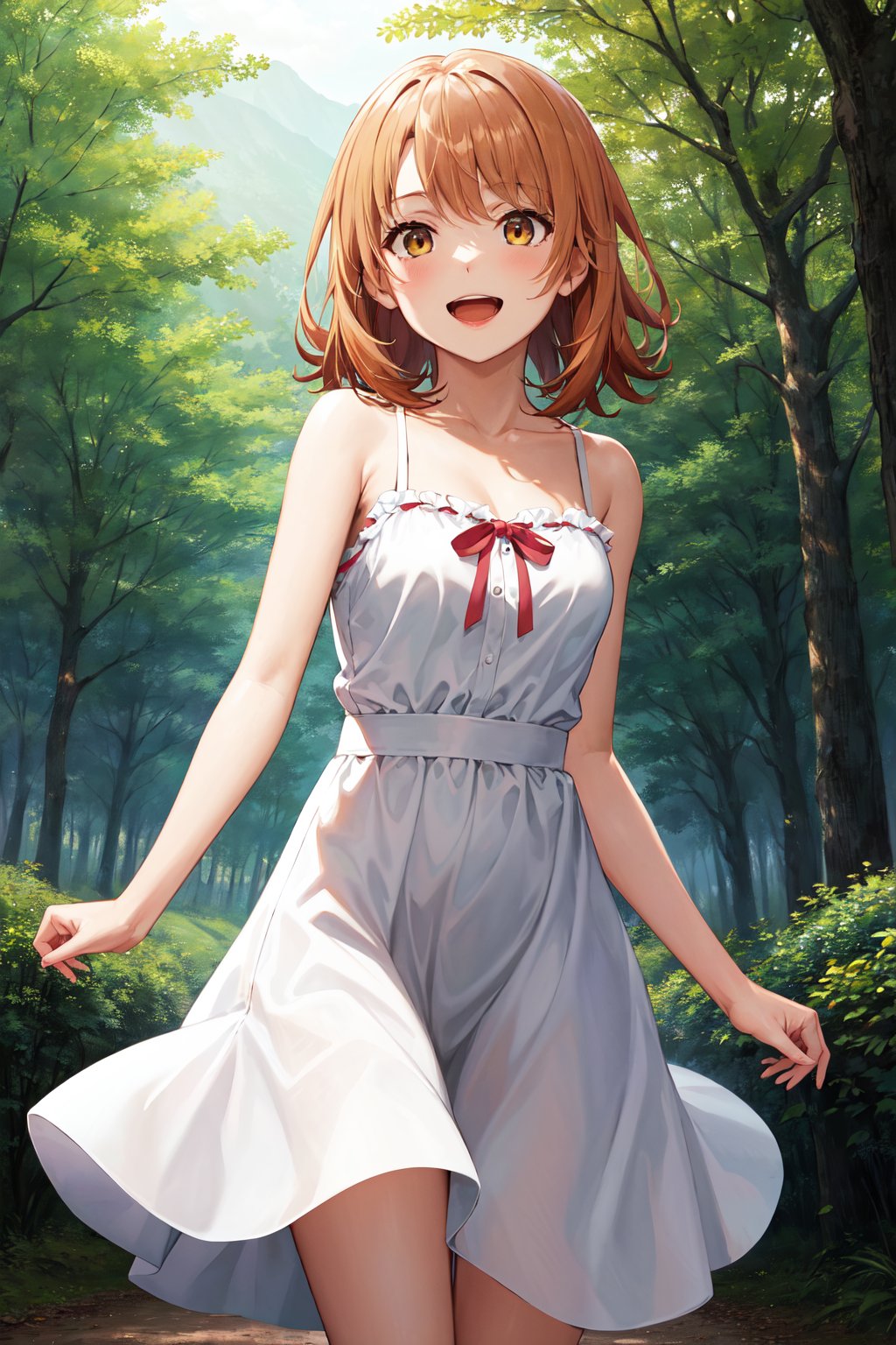 masterpiece, best quality, highres, aairoha, medium hair, <lora:isshiki_iroha_v1:0.7>, sundress, forest, smile, open mouth, standing, (wind:1.2)