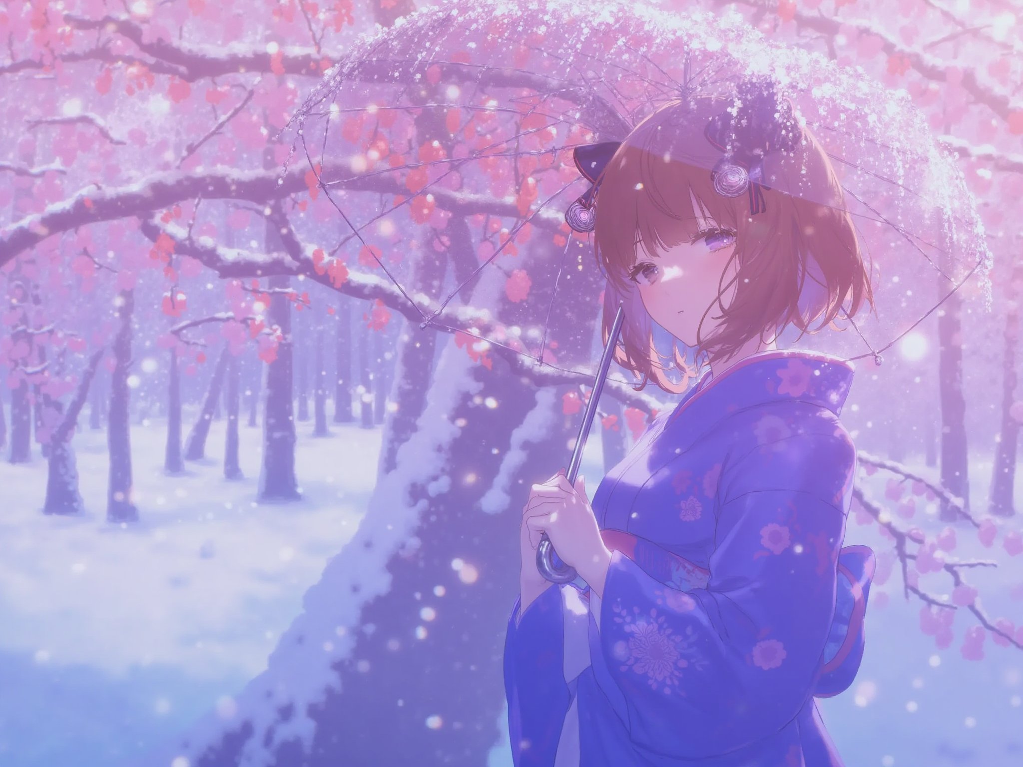 1girl,    closed mouth, brown eyes, holding umbrella, short hair, umbrella, blue kimono, looking at viewer, ribbon, multicolored background, bob cut, hair ribbon, brown hair, kimono, outdoors, holding, black ribbon, obi, medium hair, standing, snowing, sash, solo, japanese clothes <lora:Yajiang-000109:1>